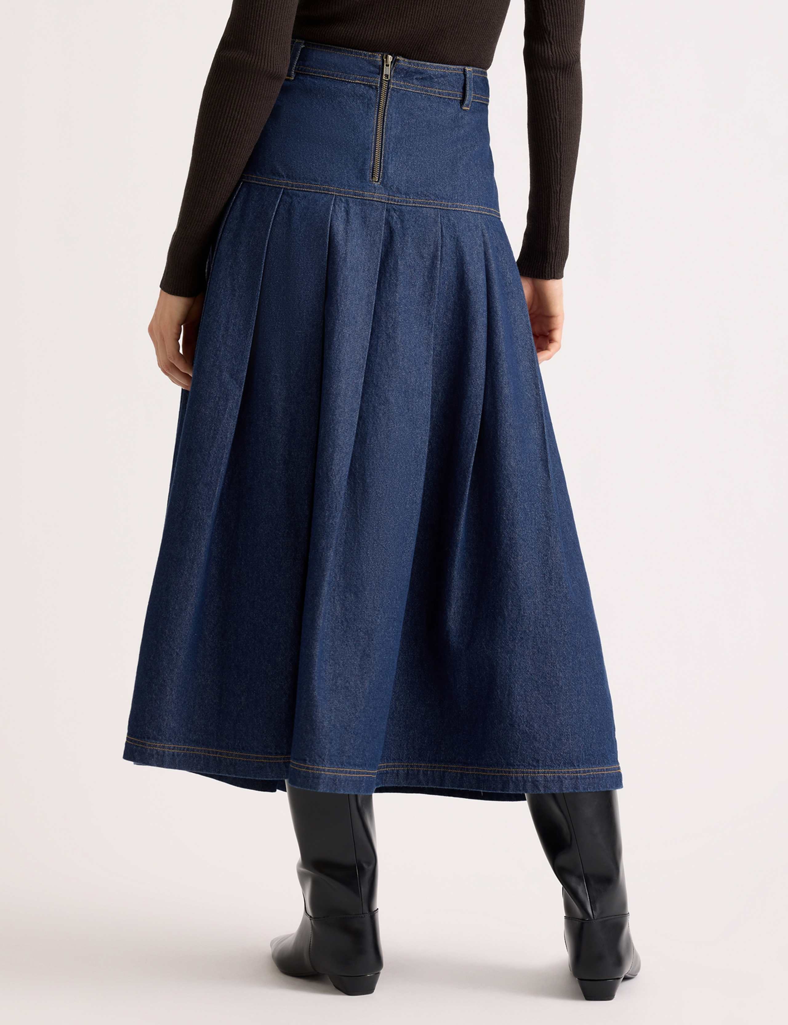Denim Pleated Drop Waist Midi A-Line Skirt 3 of 4