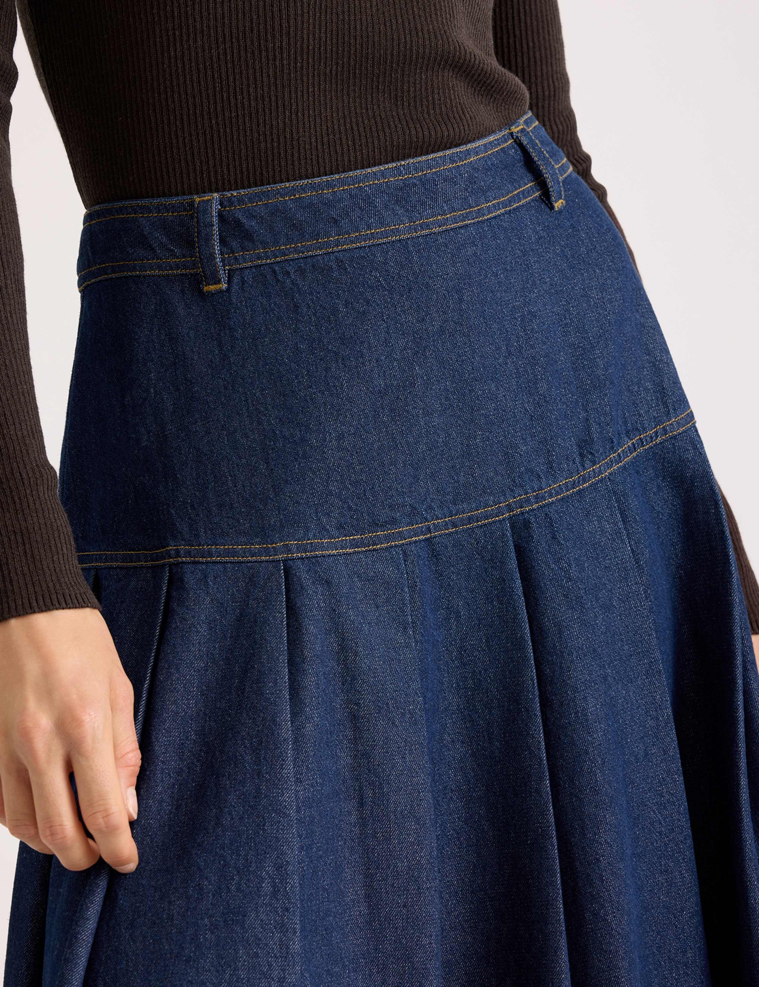 Denim Pleated Drop Waist Midi A-Line Skirt 4 of 4