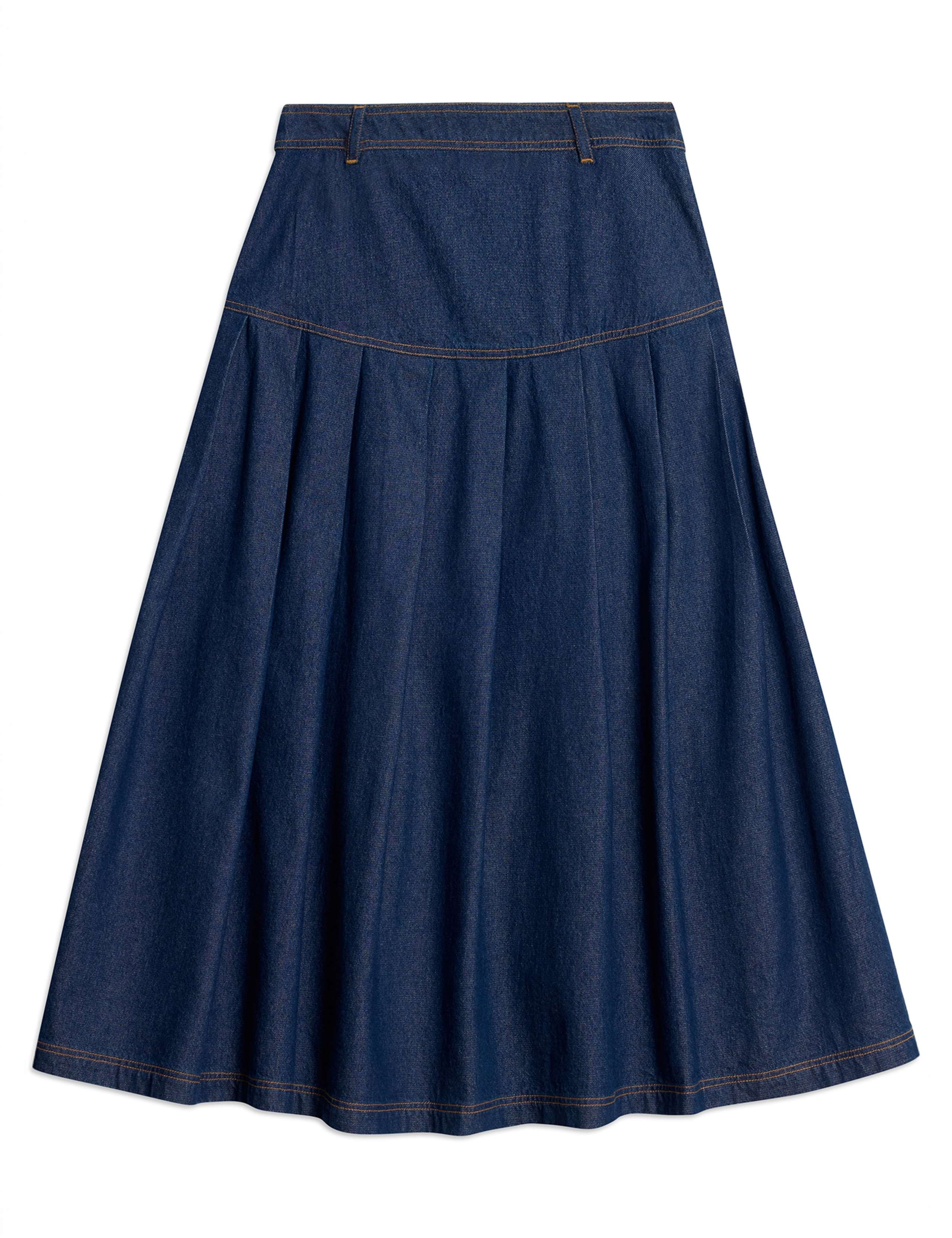 Denim Pleated Drop Waist Midi A-Line Skirt 2 of 4