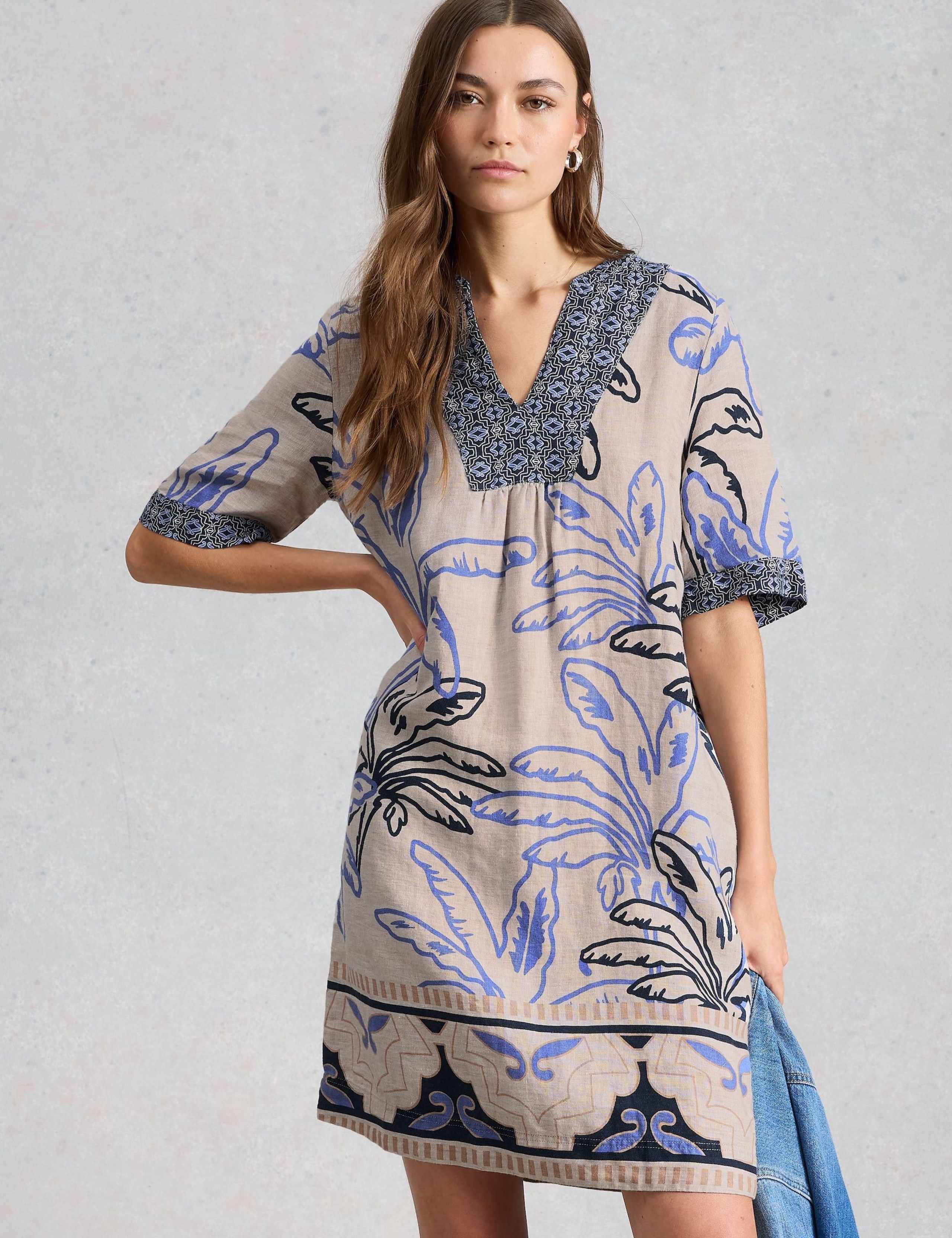 Pure Linen Printed Notch Neck Shift Dress 1 of 6