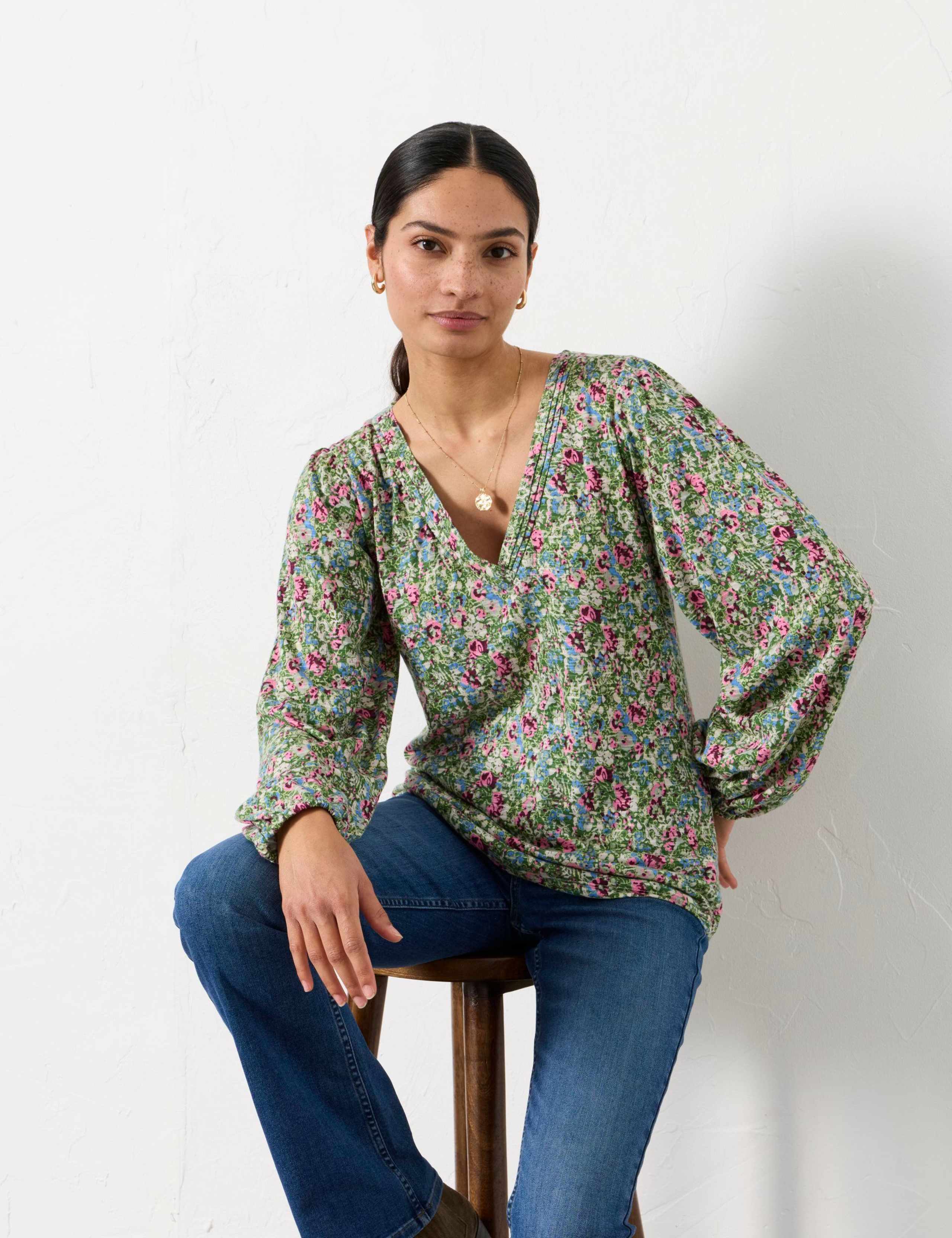 Pure Cotton Disty Floral V-Neck Blouse 5 of 6