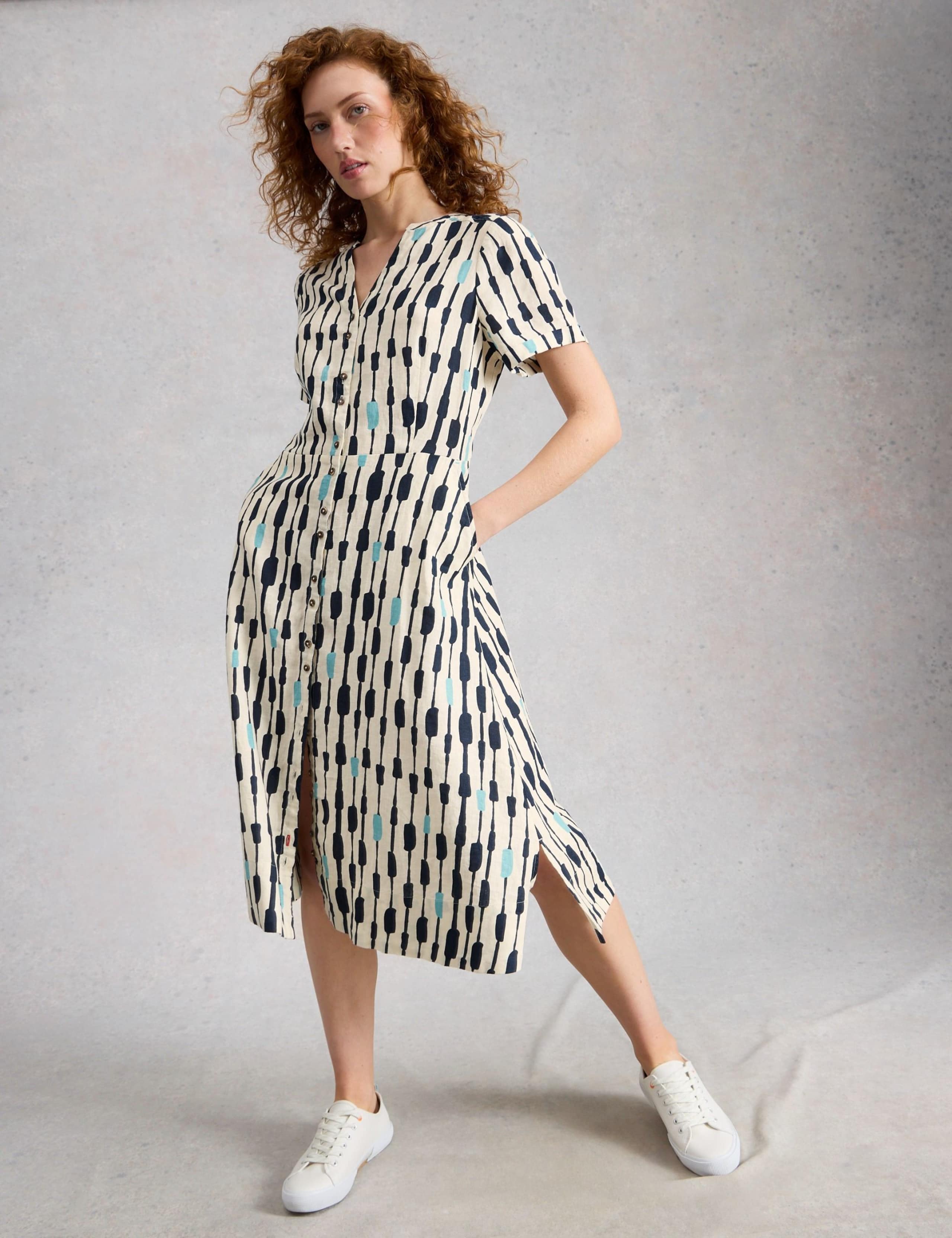 Pure Linen Notch Neck Midi Tea Dress 3 of 6