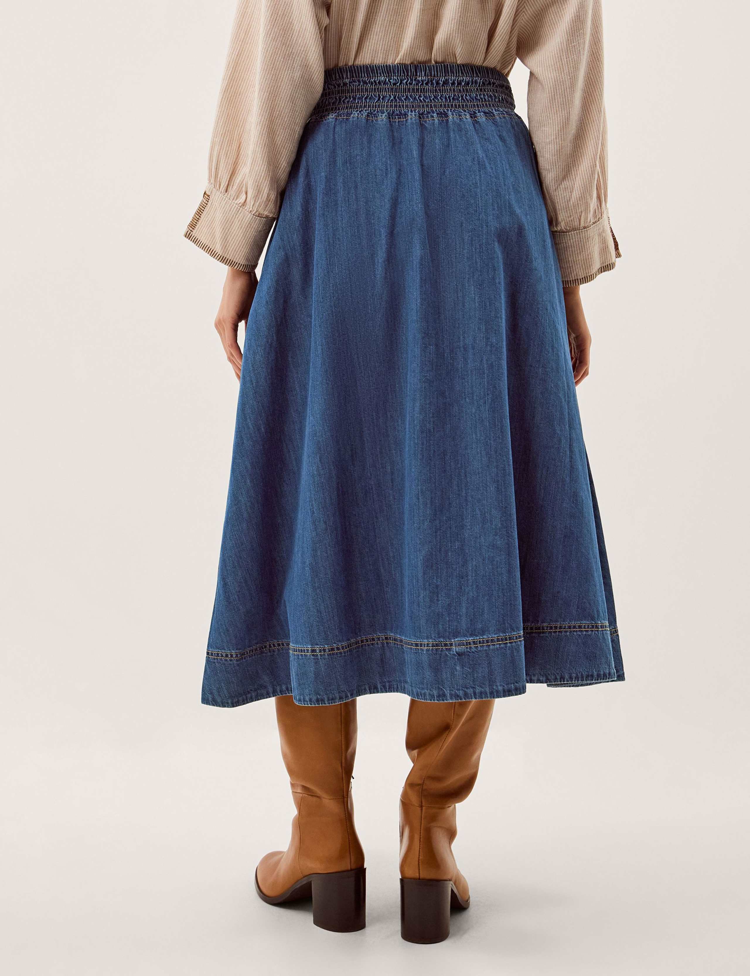 Shirred Denim Midi Skirt 3 of 6