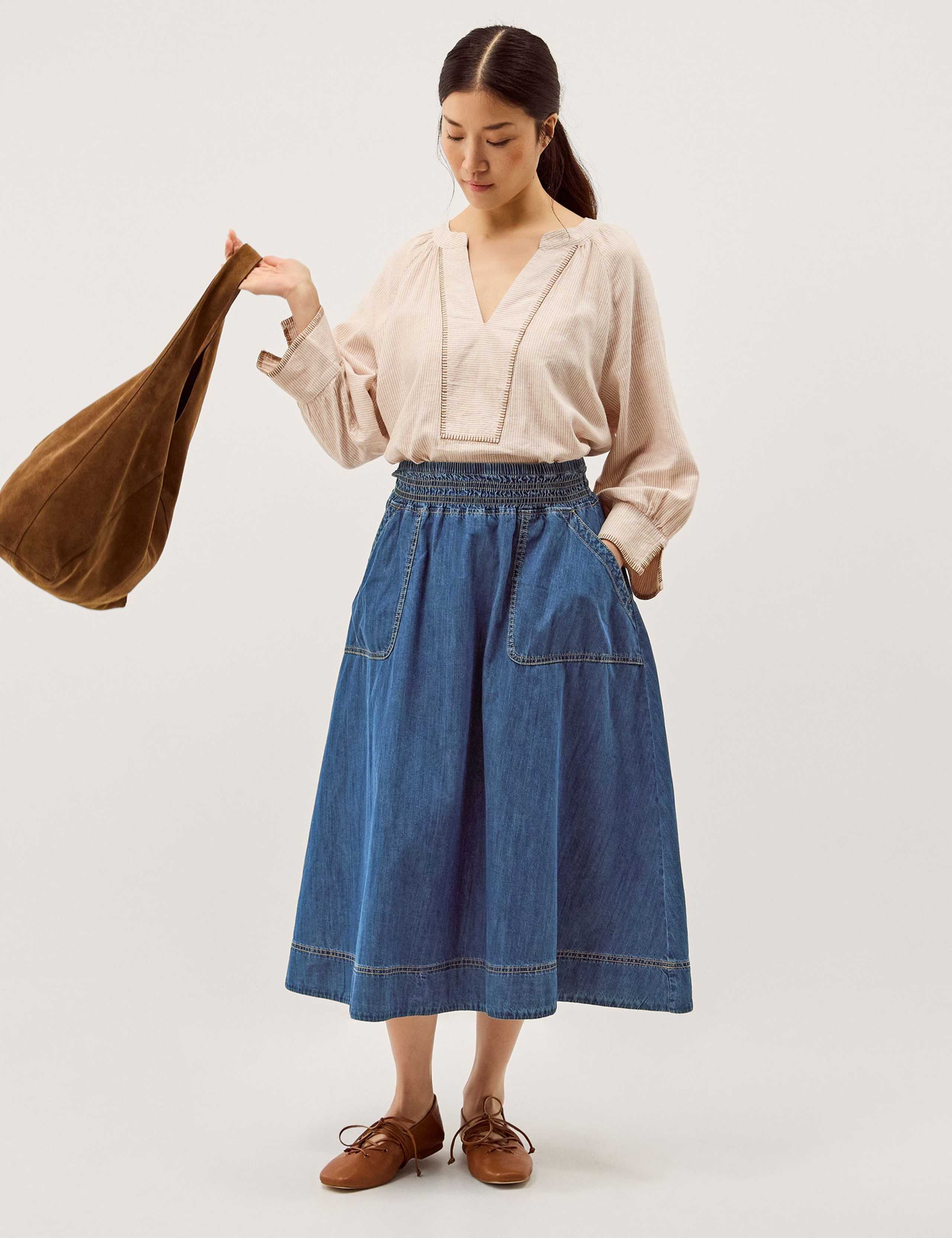 Shirred Denim Midi Skirt 5 of 6