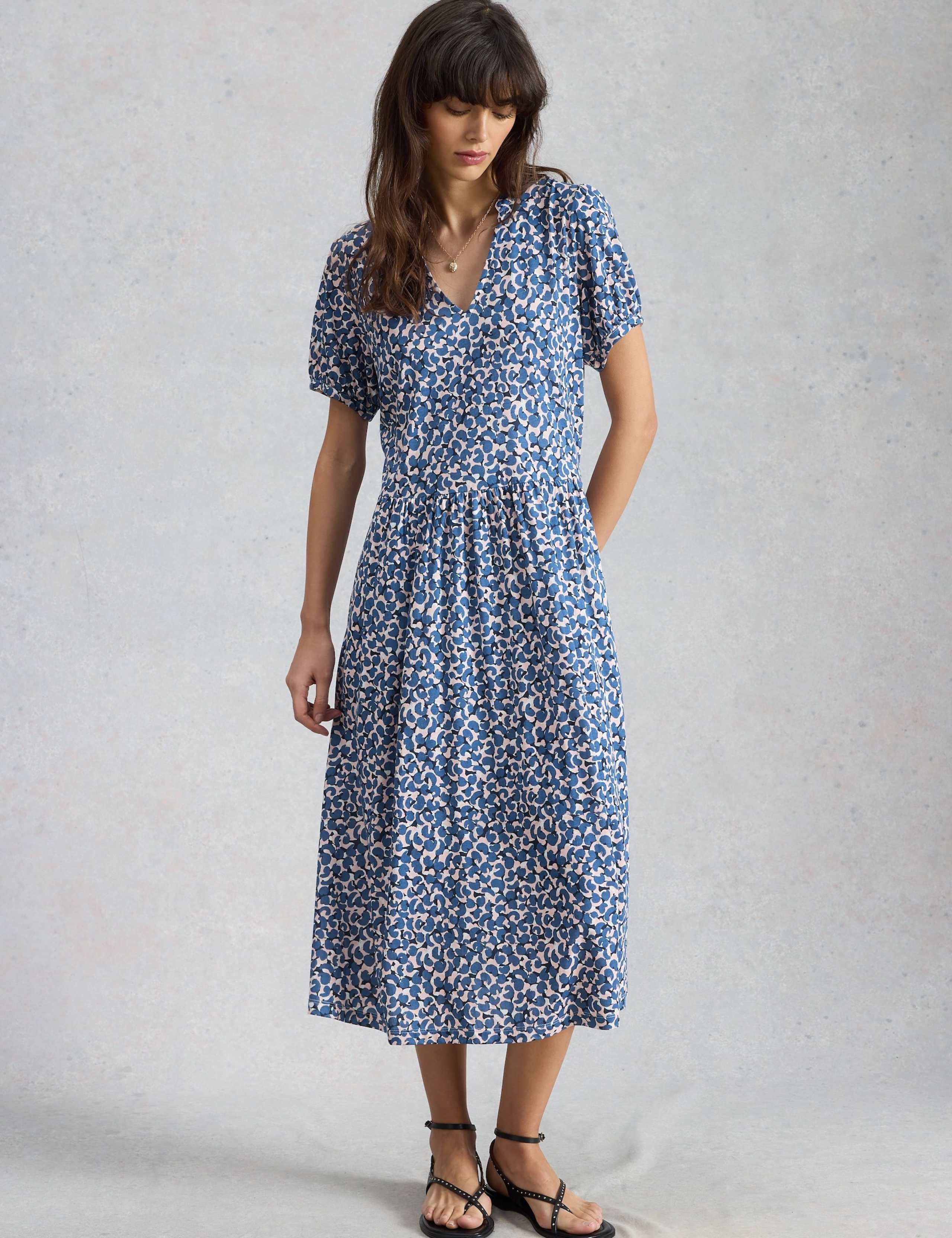 Cotton Blend Floral V-Neck Midi Tea Dress 1 of 6