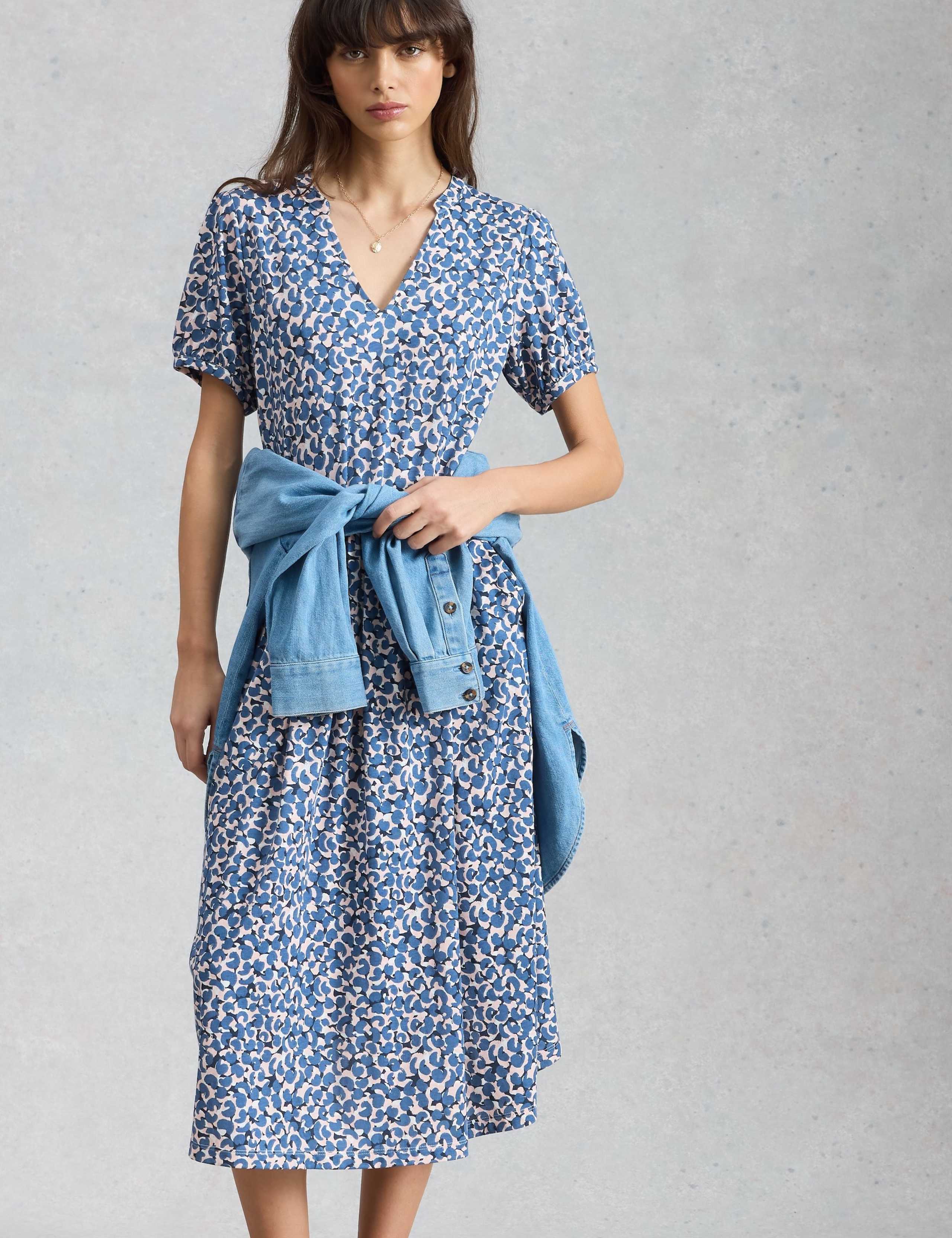 Cotton Blend Floral V-Neck Midi Tea Dress 3 of 6