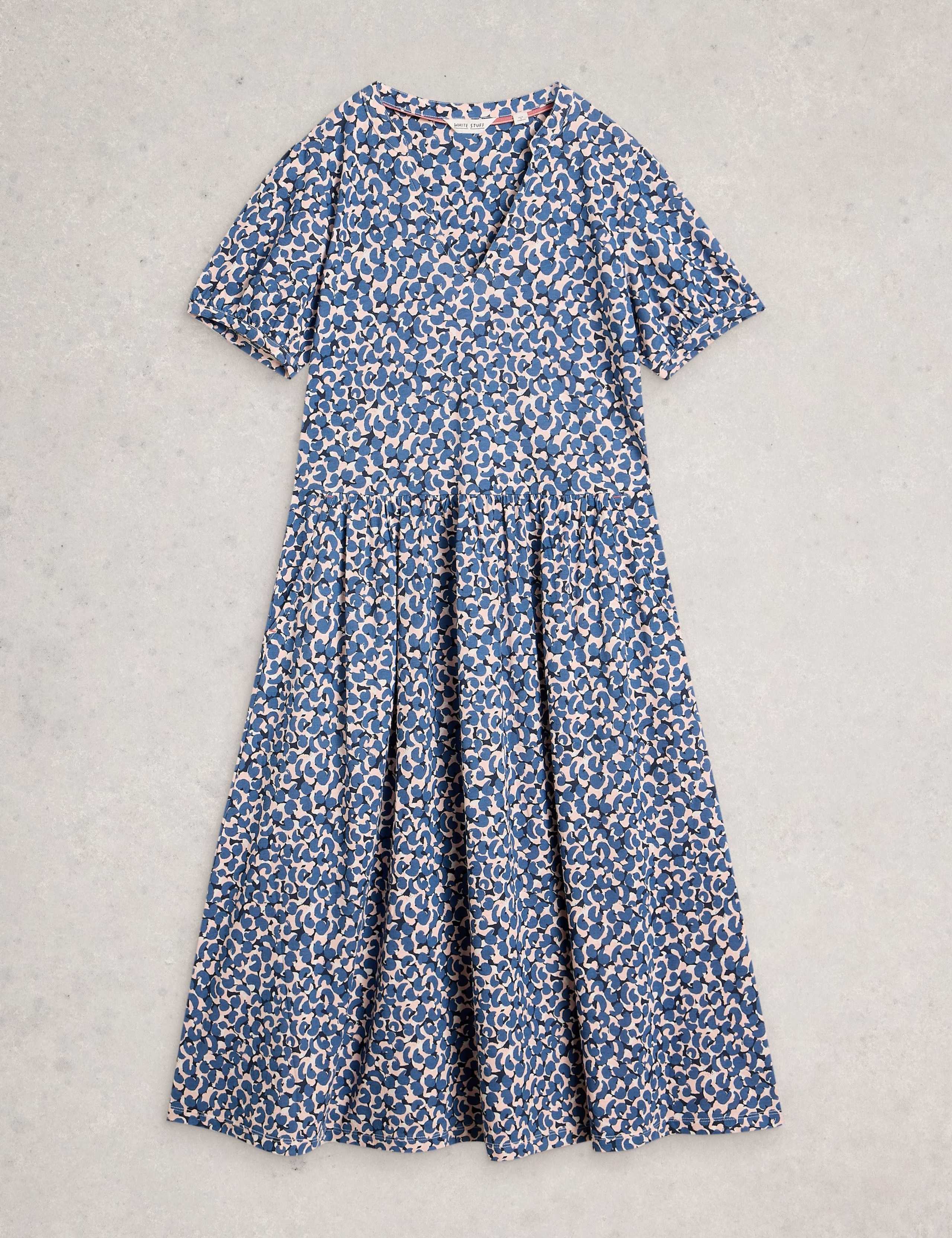 Cotton Blend Floral V-Neck Midi Tea Dress 2 of 6