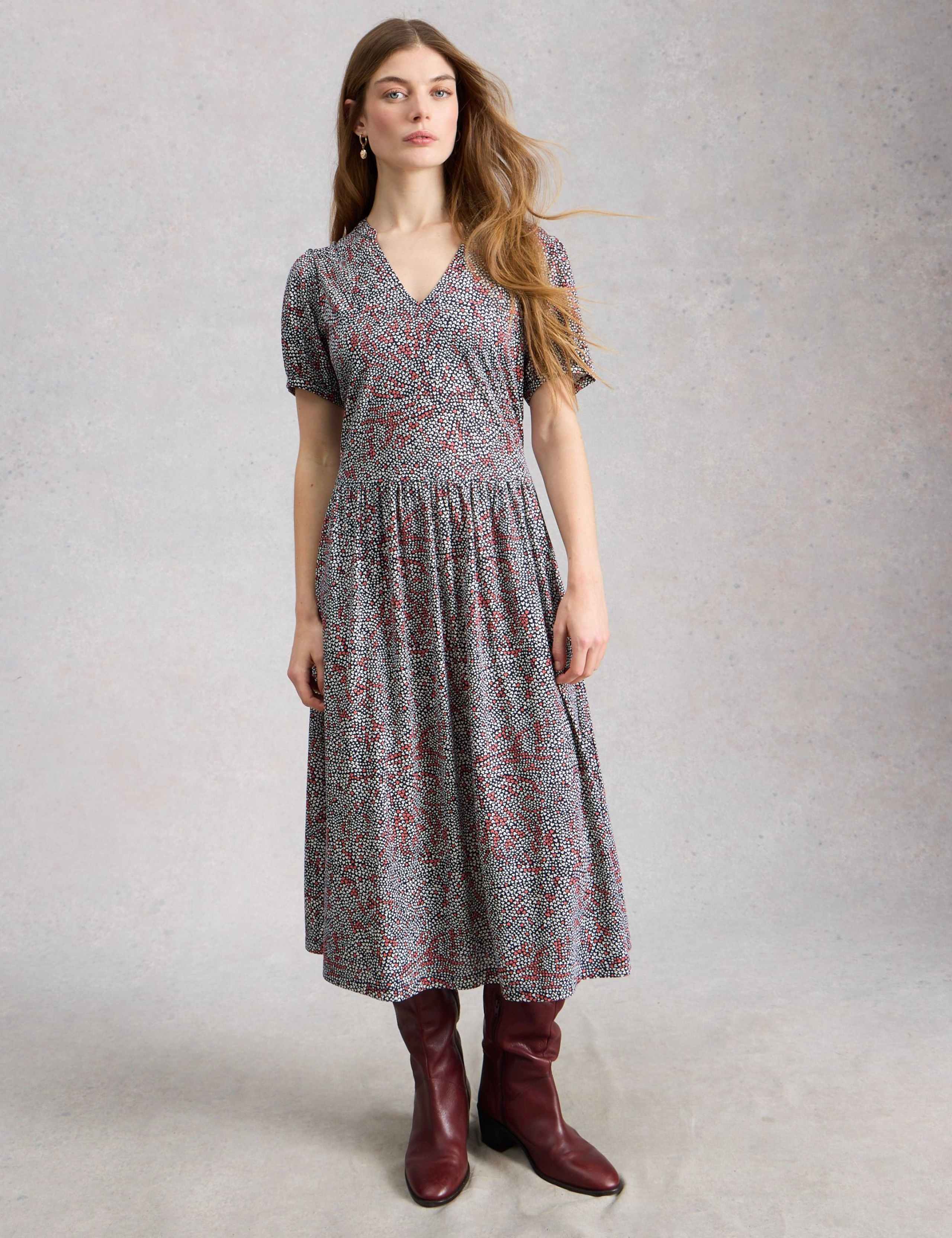Cotton Blend Floral V-Neck Midi Tea Dress 3 of 6