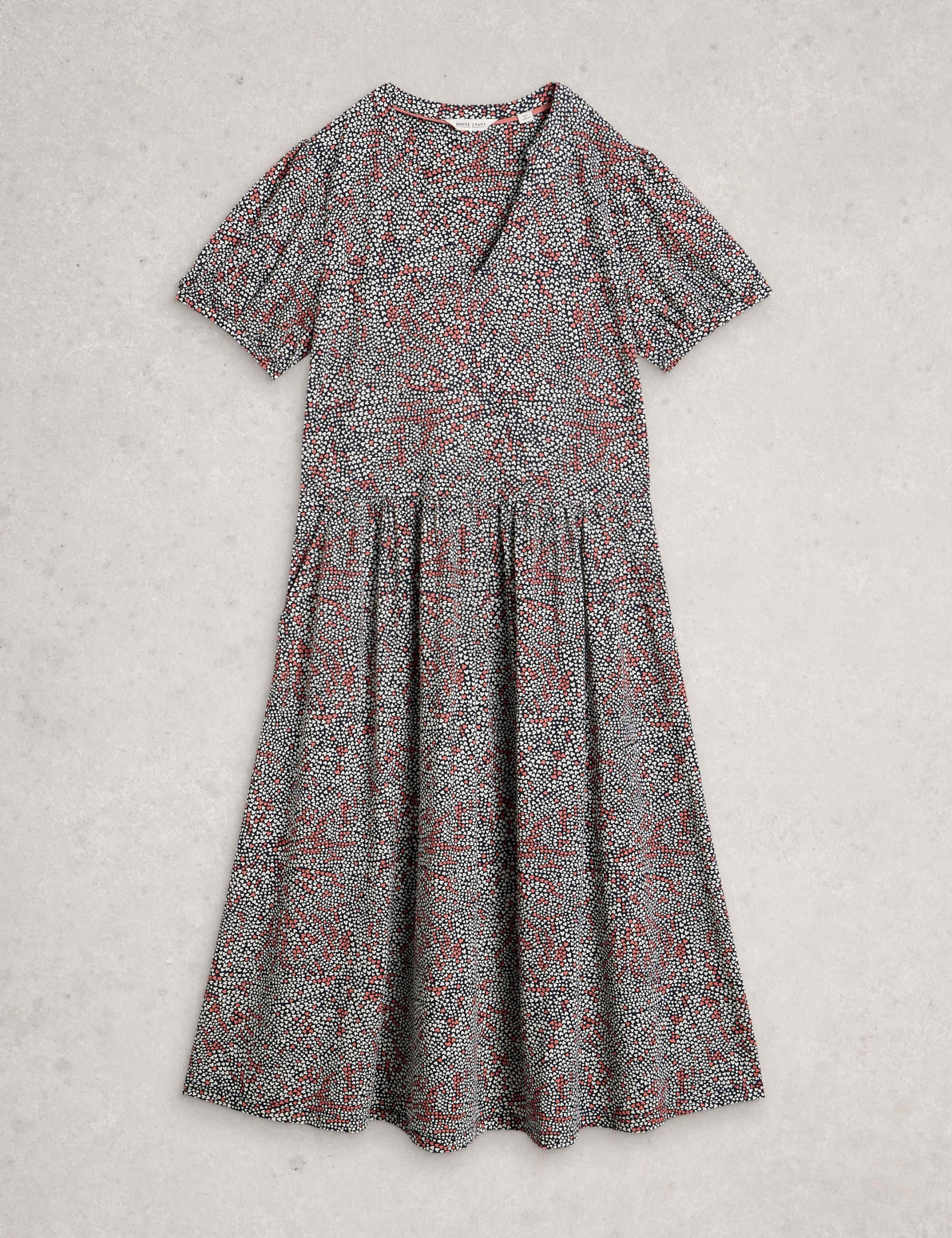 Cotton Blend Floral V-Neck Midi Tea Dress 2 of 6