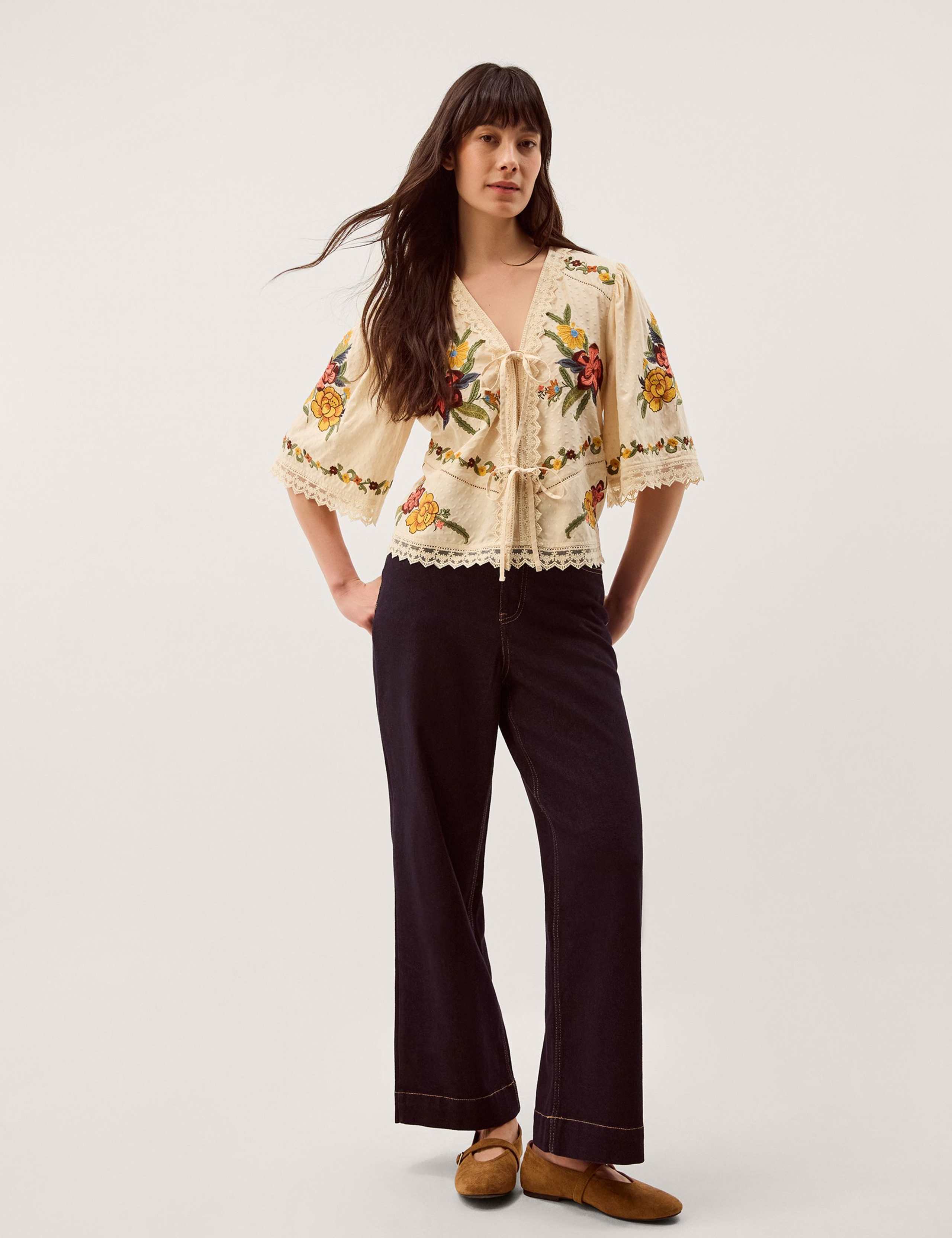 Embroidered V-Neck Tie Front Blouse 3 of 6