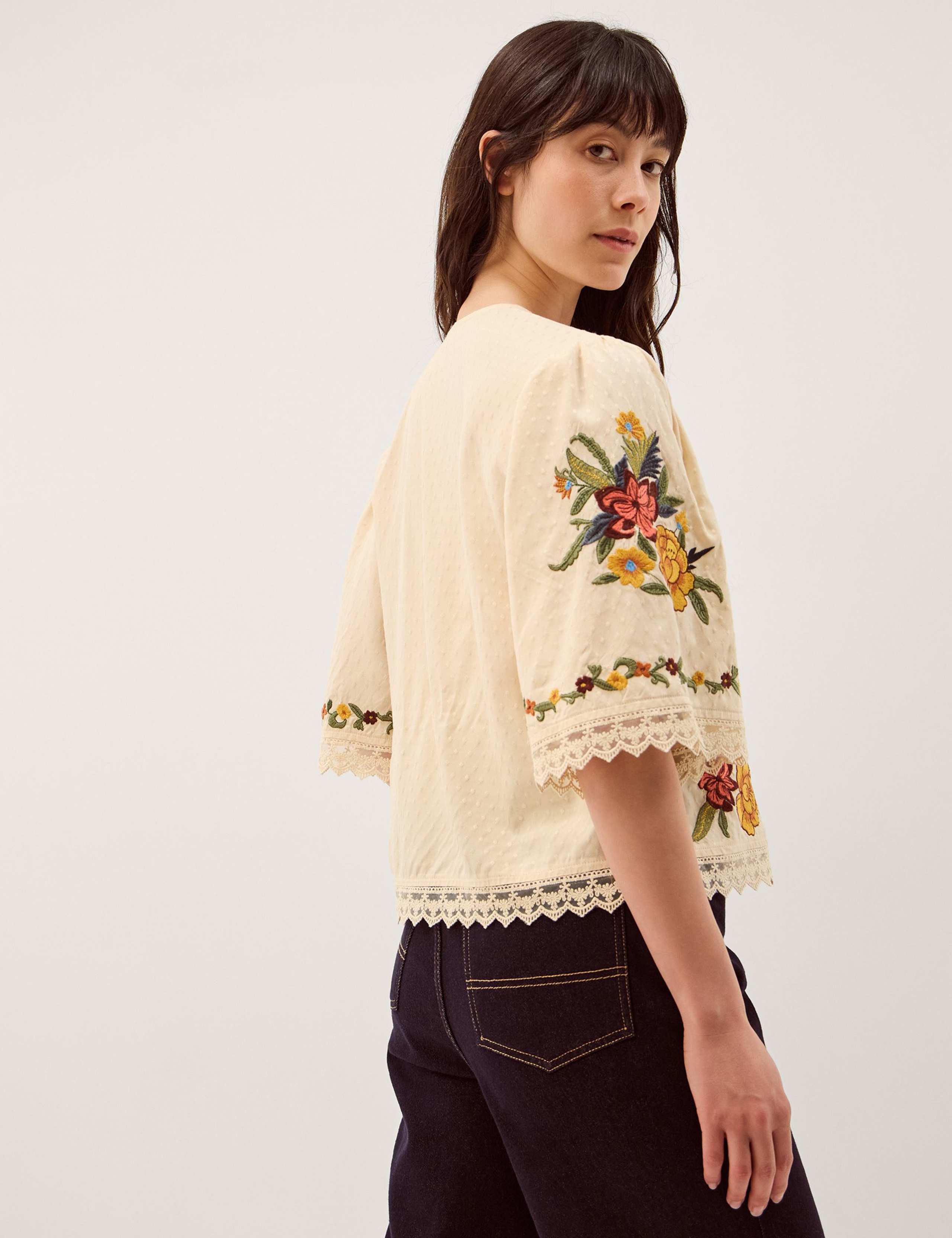 Embroidered V-Neck Tie Front Blouse 4 of 6