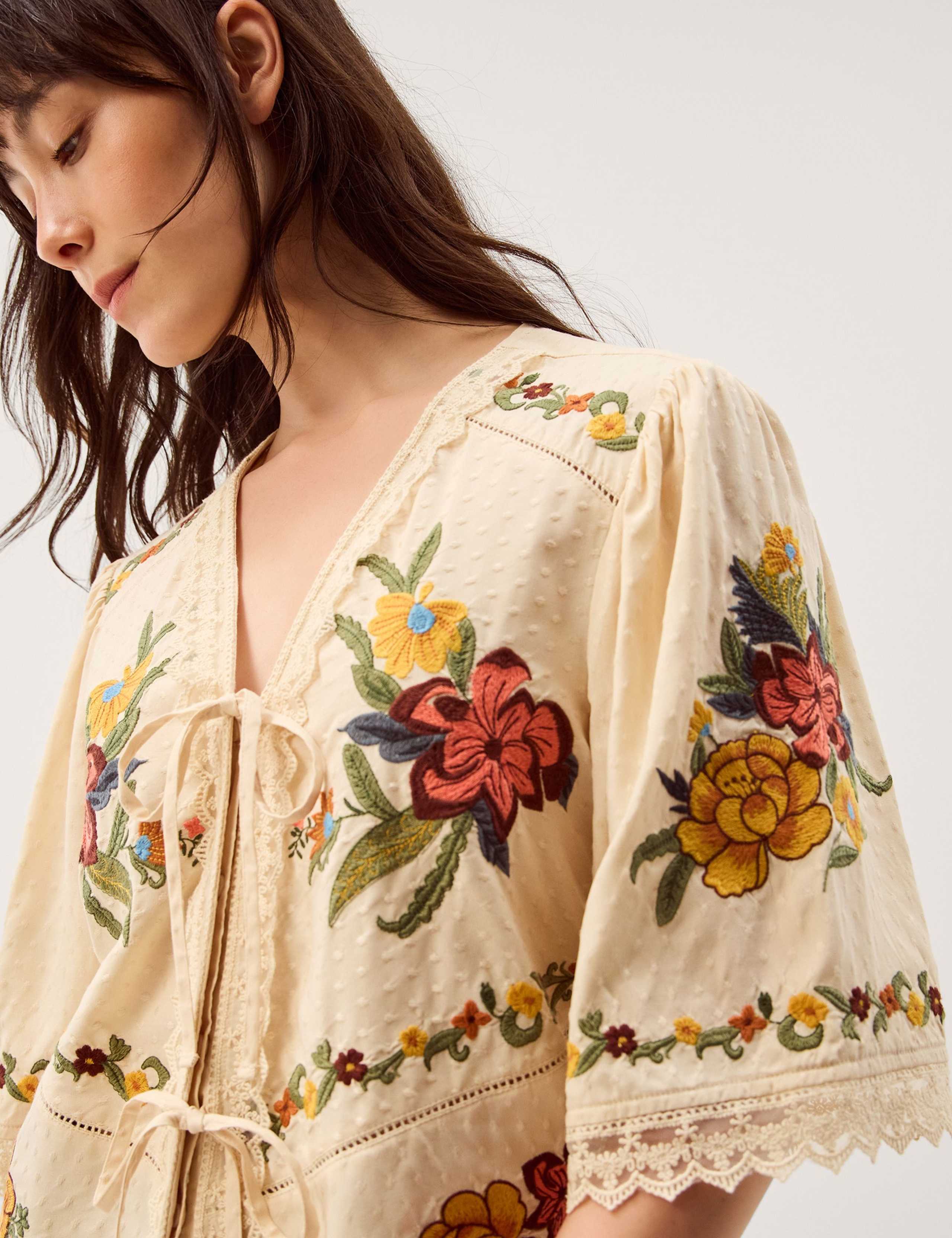 Embroidered V-Neck Tie Front Blouse 5 of 6