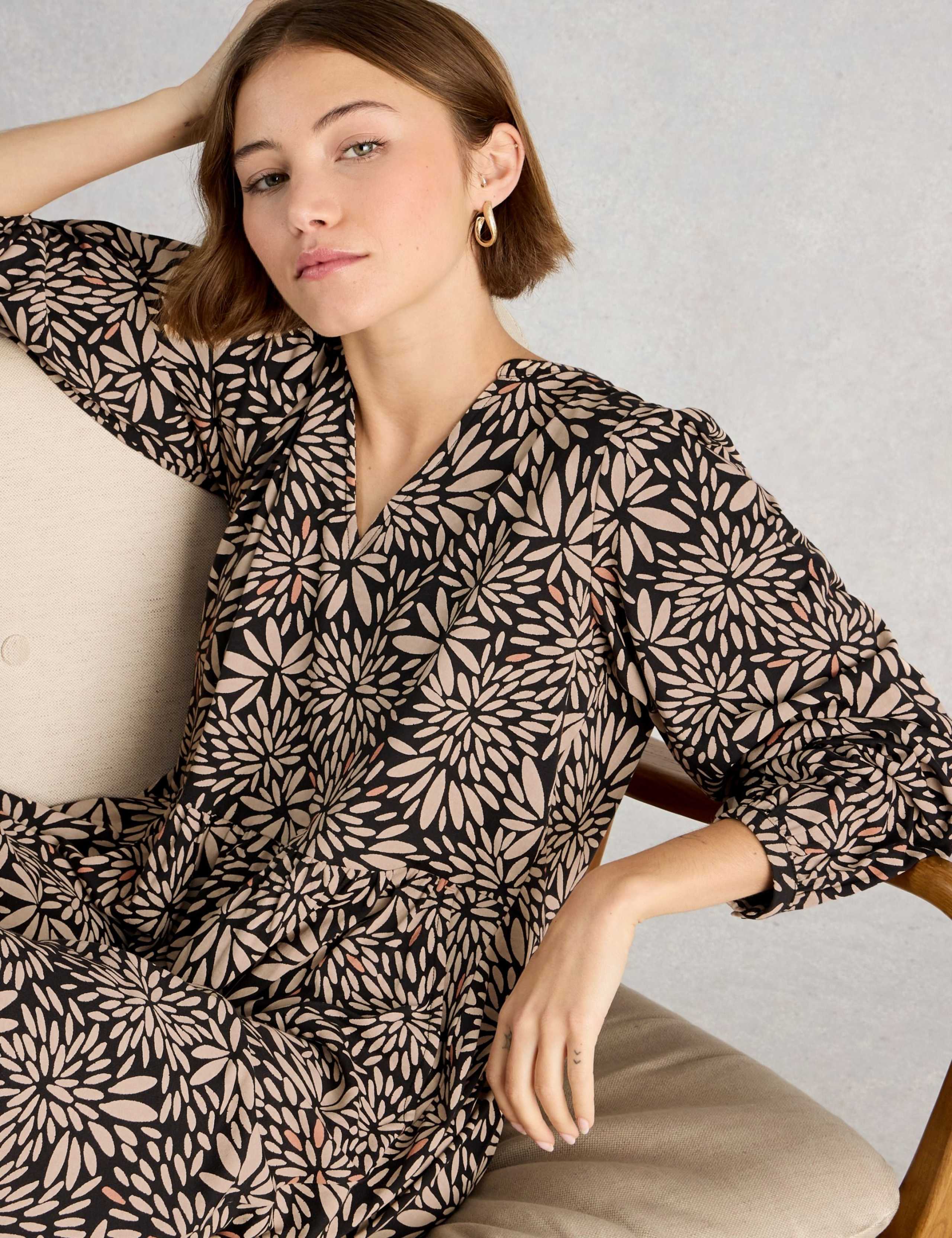 Cotton Blend Notch Neck Floral Tea Dress 3 of 6