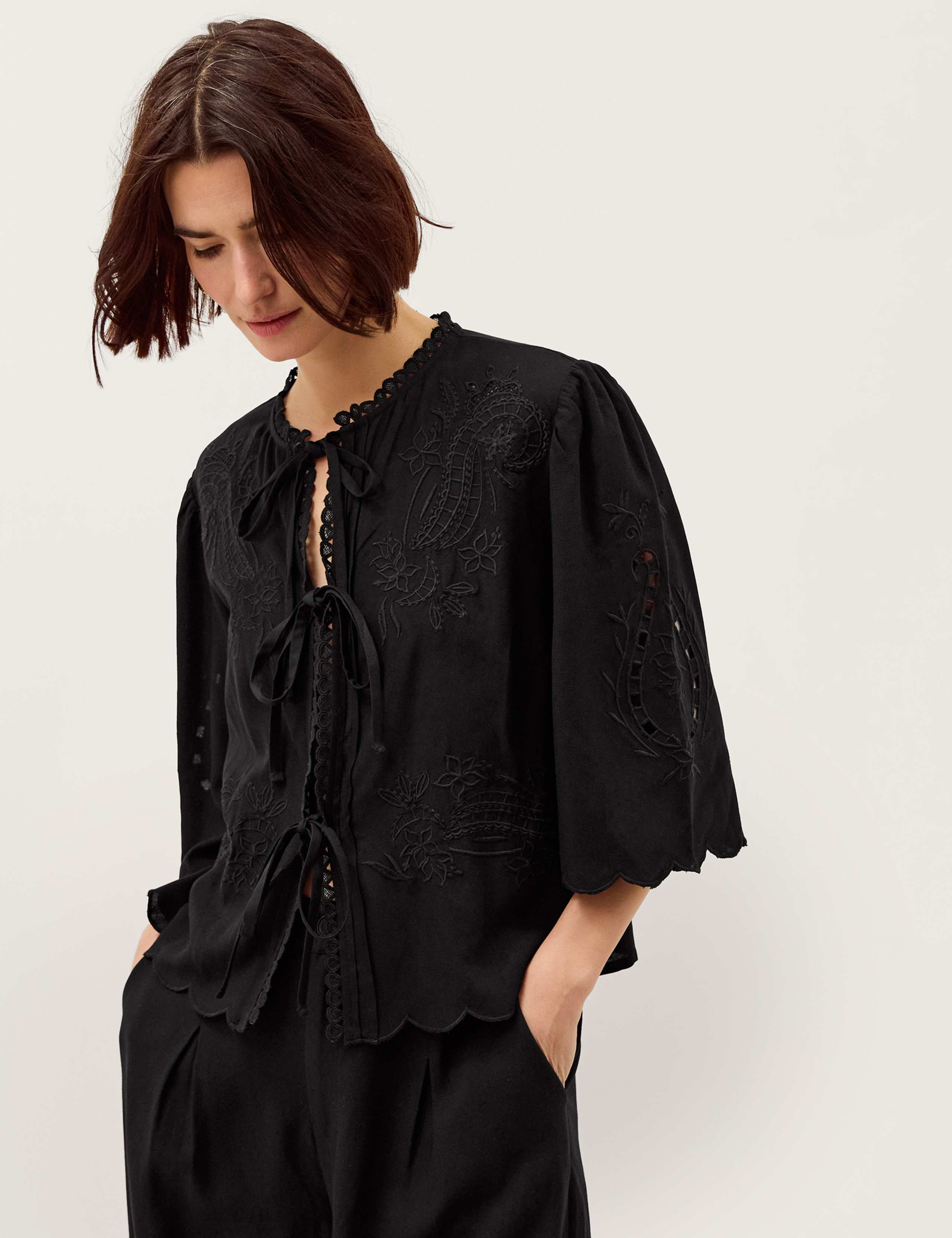 Embroidered Tie Neck Blouse 1 of 4