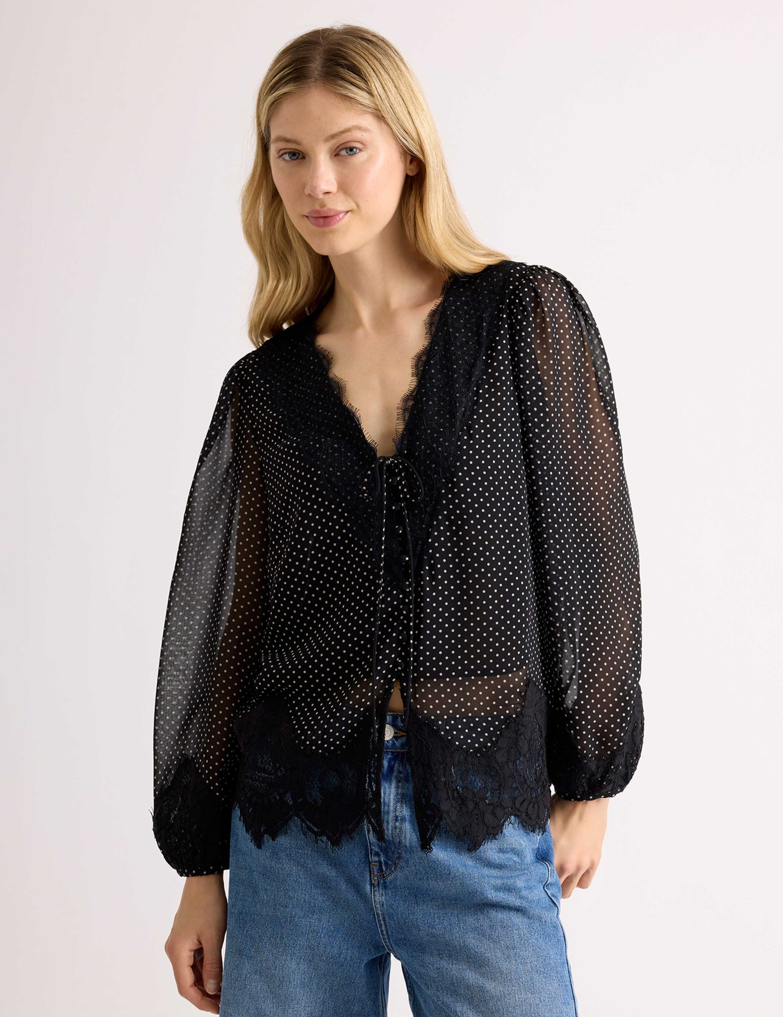 Chiffon Polka Dot Lace Trim Blouse 3 of 6