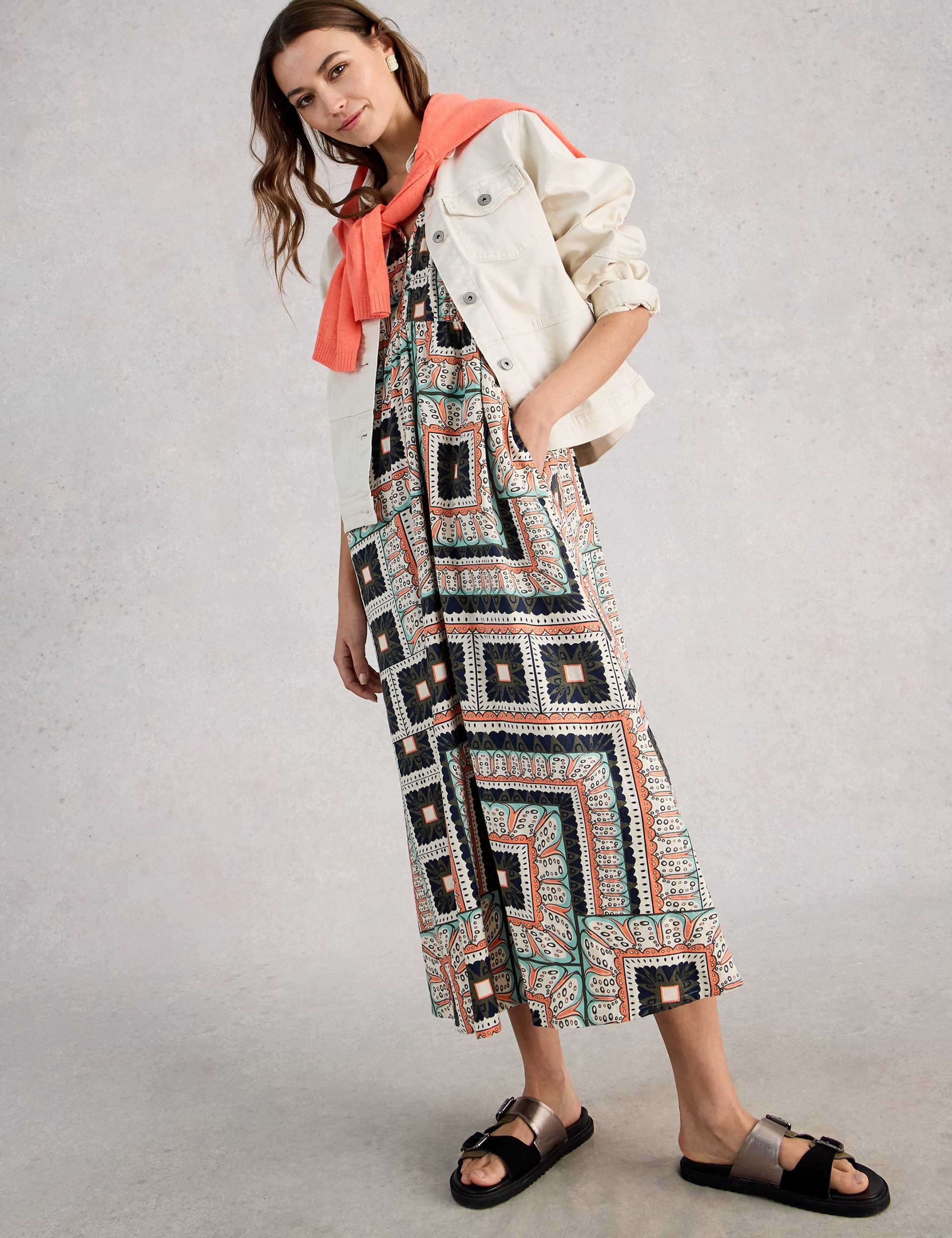 Linen Blend Printed Midi Skater Dress 4 of 6