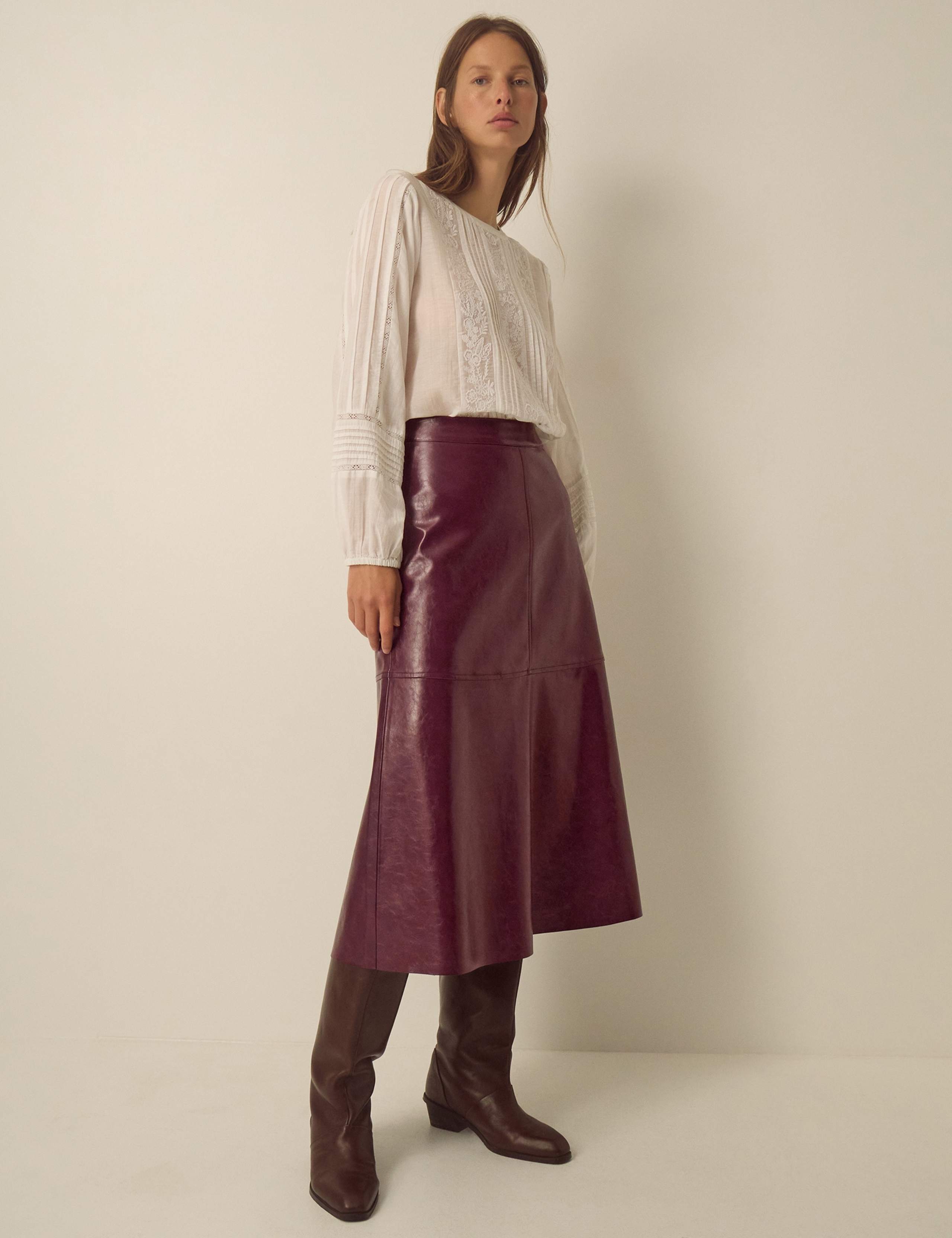 Faux Leather Midi A Line Skirt 3 of 4