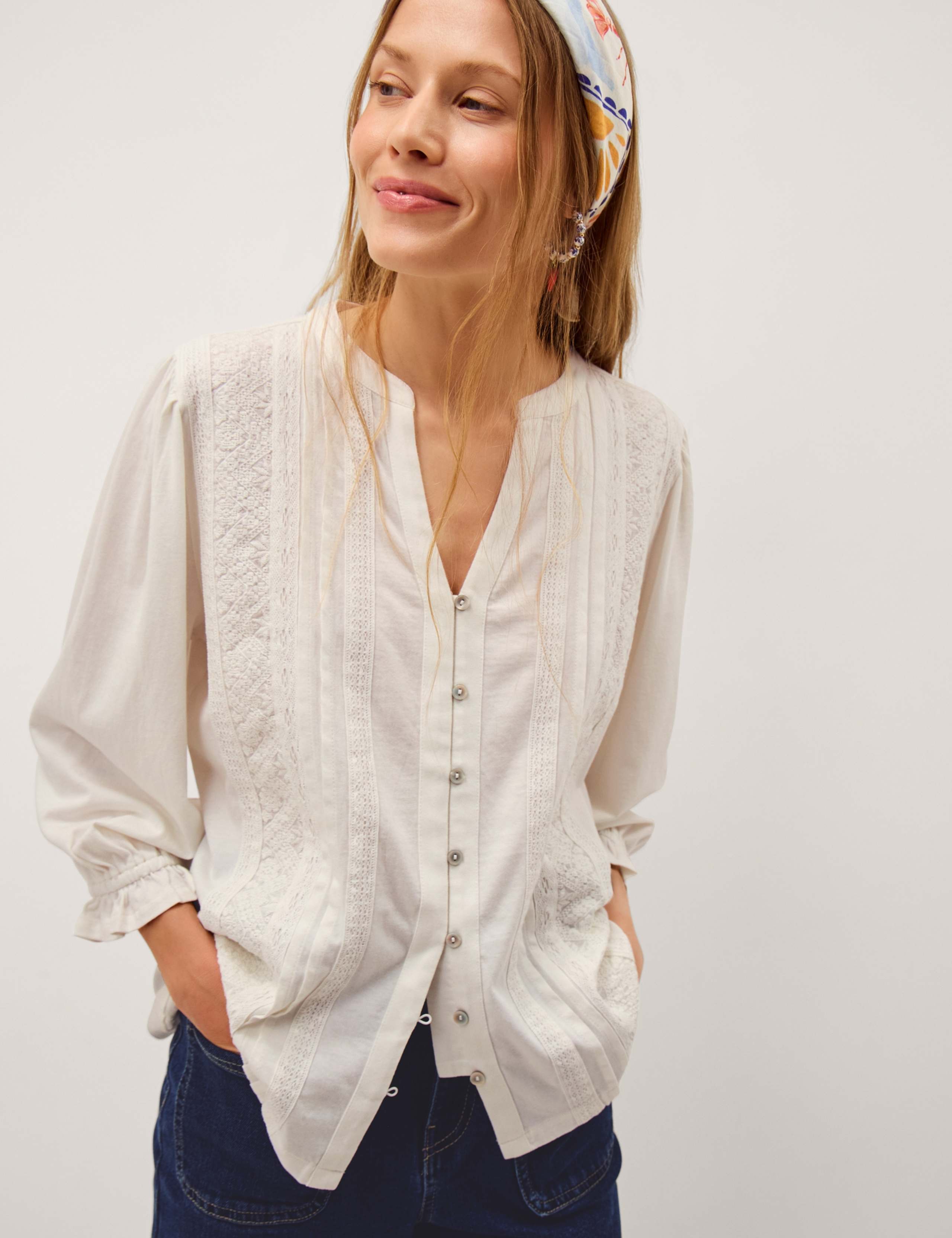 Pure Cotton Notch Neck Lace Insert Blouson Sleeve Blouse 1 of 5