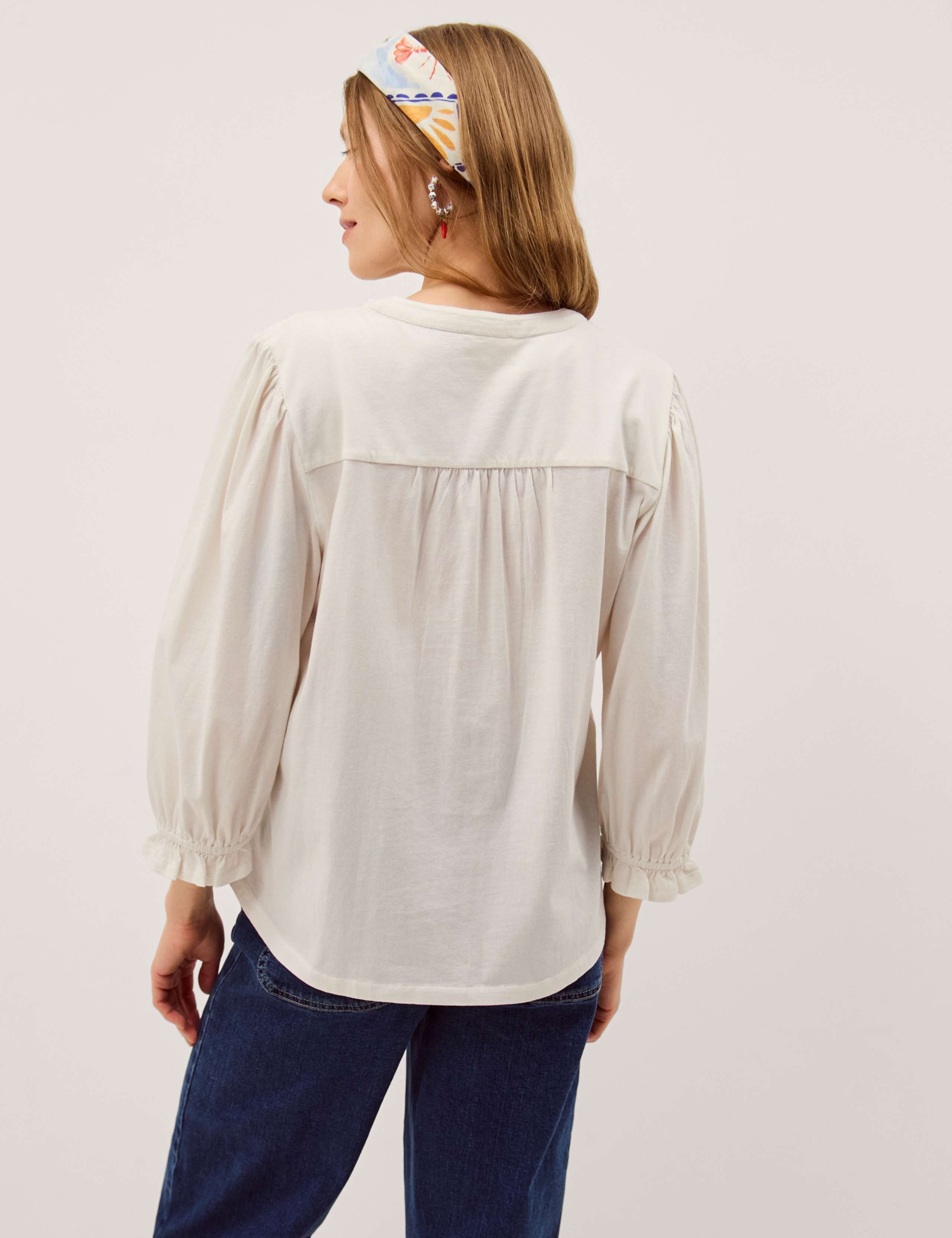 Pure Cotton Notch Neck Lace Insert Blouson Sleeve Blouse 3 of 5