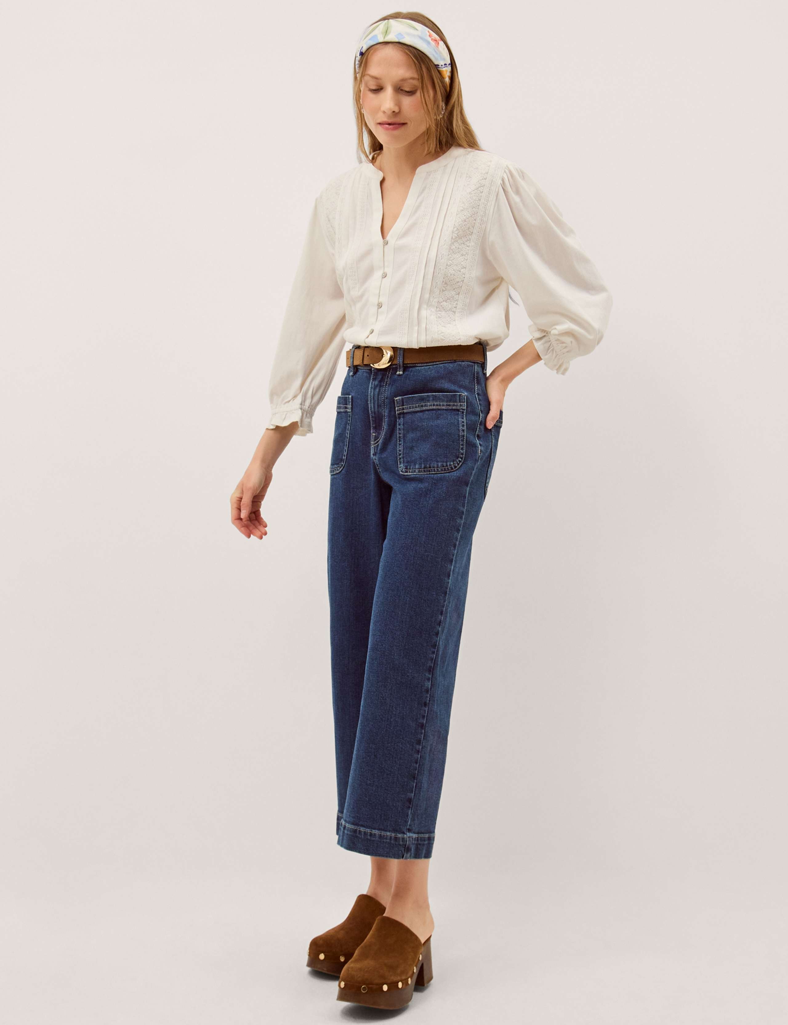 Pure Cotton Notch Neck Lace Insert Blouson Sleeve Blouse 4 of 5