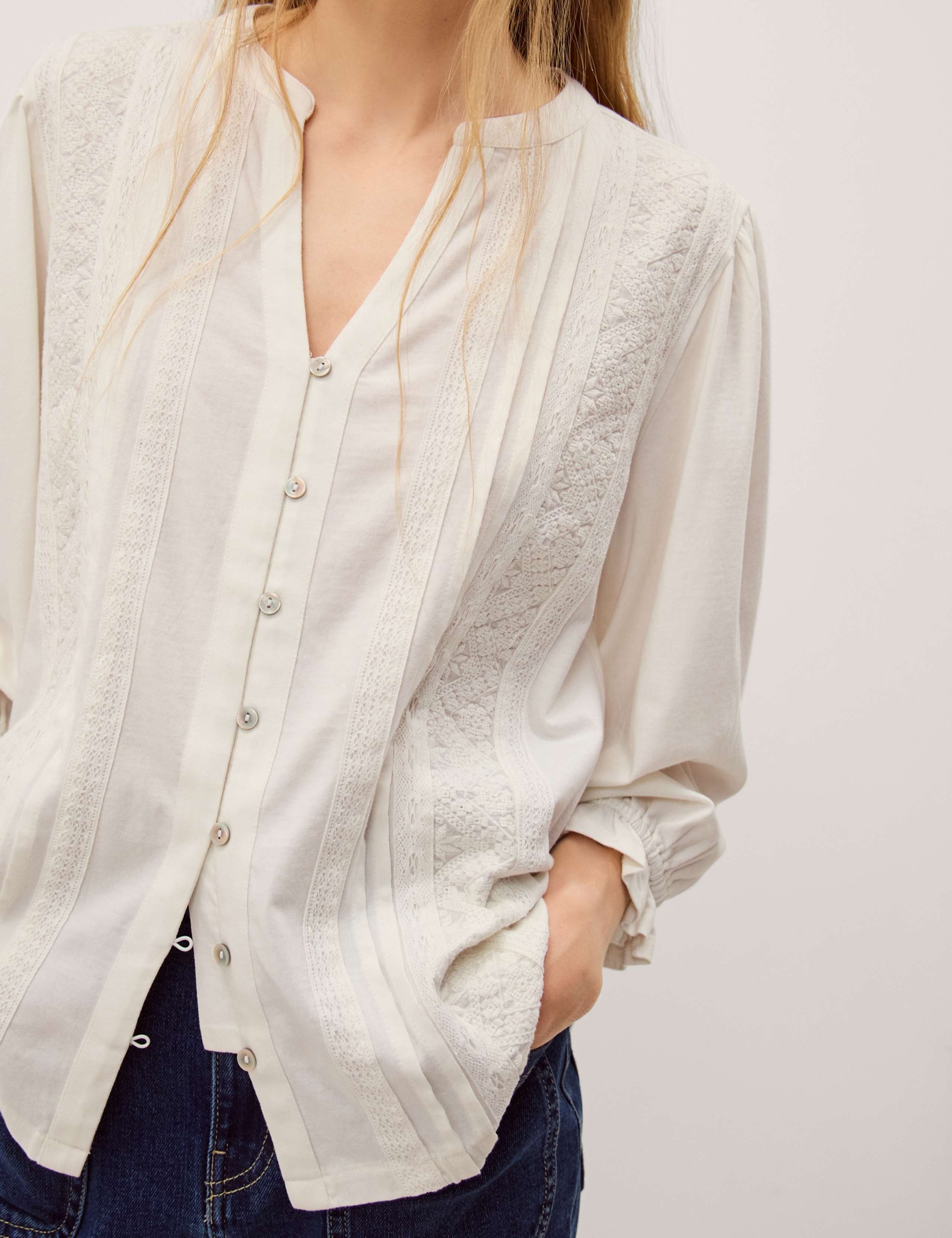 Pure Cotton Notch Neck Lace Insert Blouson Sleeve Blouse 5 of 5