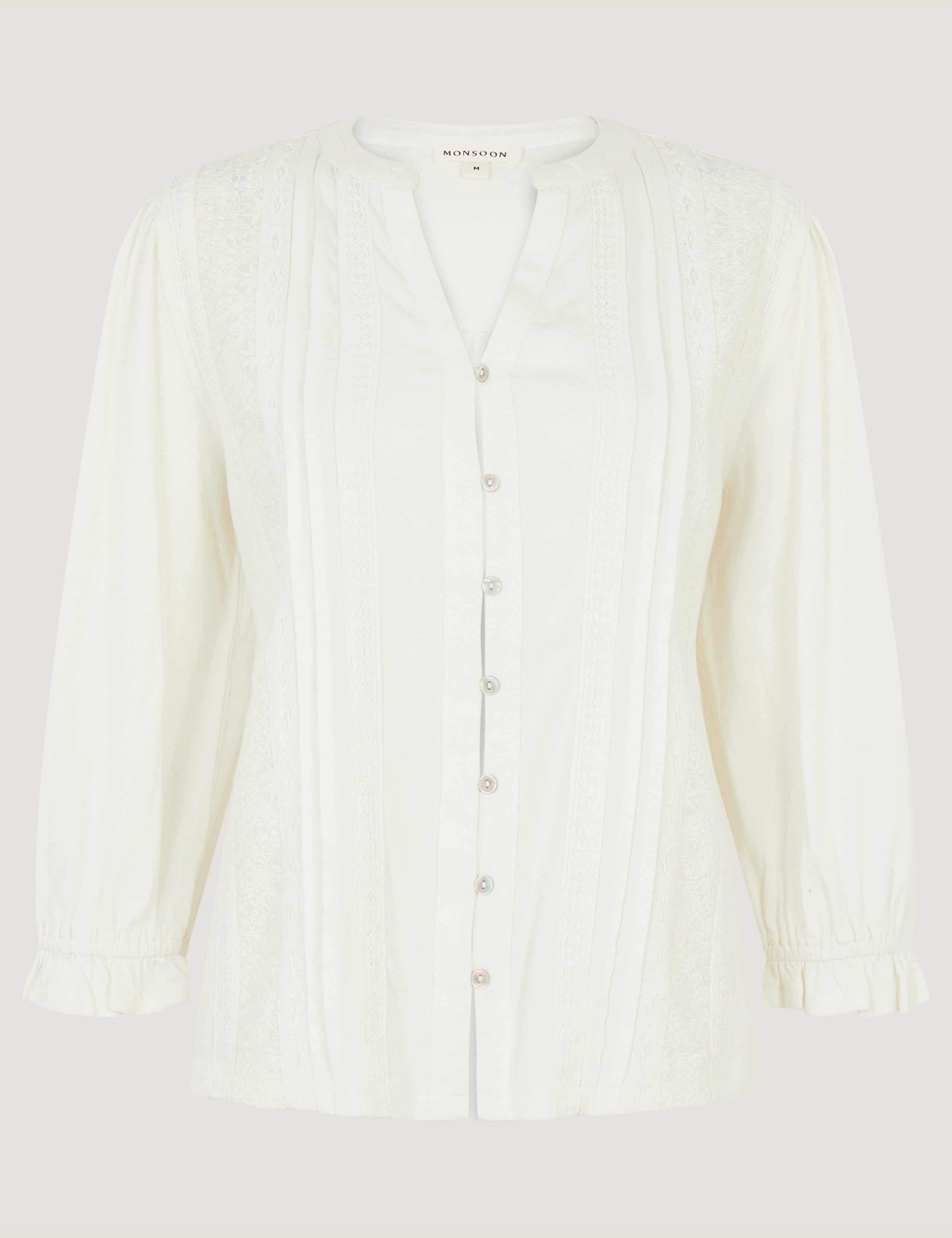 Pure Cotton Notch Neck Lace Insert Blouson Sleeve Blouse 2 of 5
