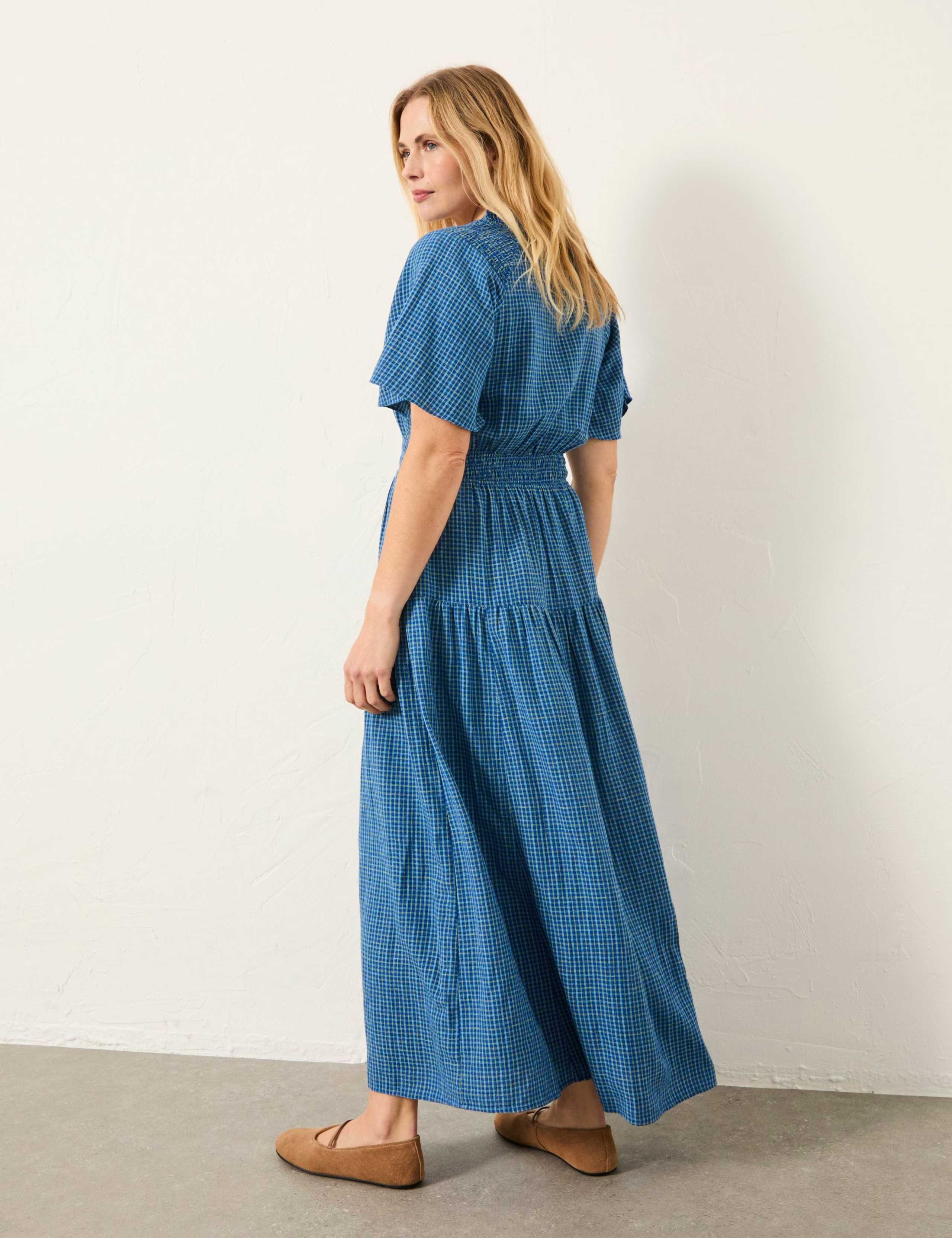 Cotton Blend Checked V-Neck Midi Tiered Dress 3 of 8