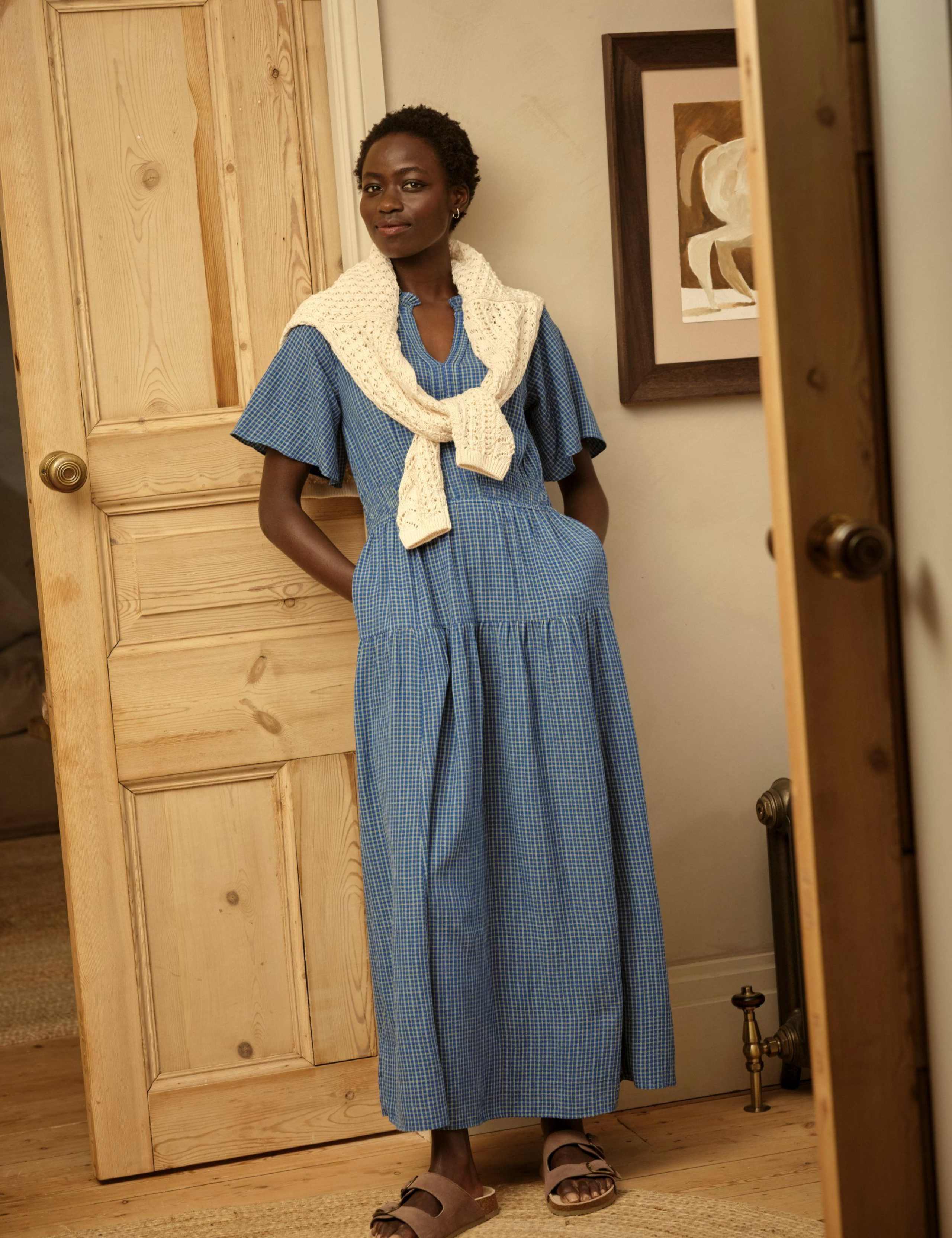 Cotton Blend Checked V-Neck Midi Tiered Dress 4 of 8