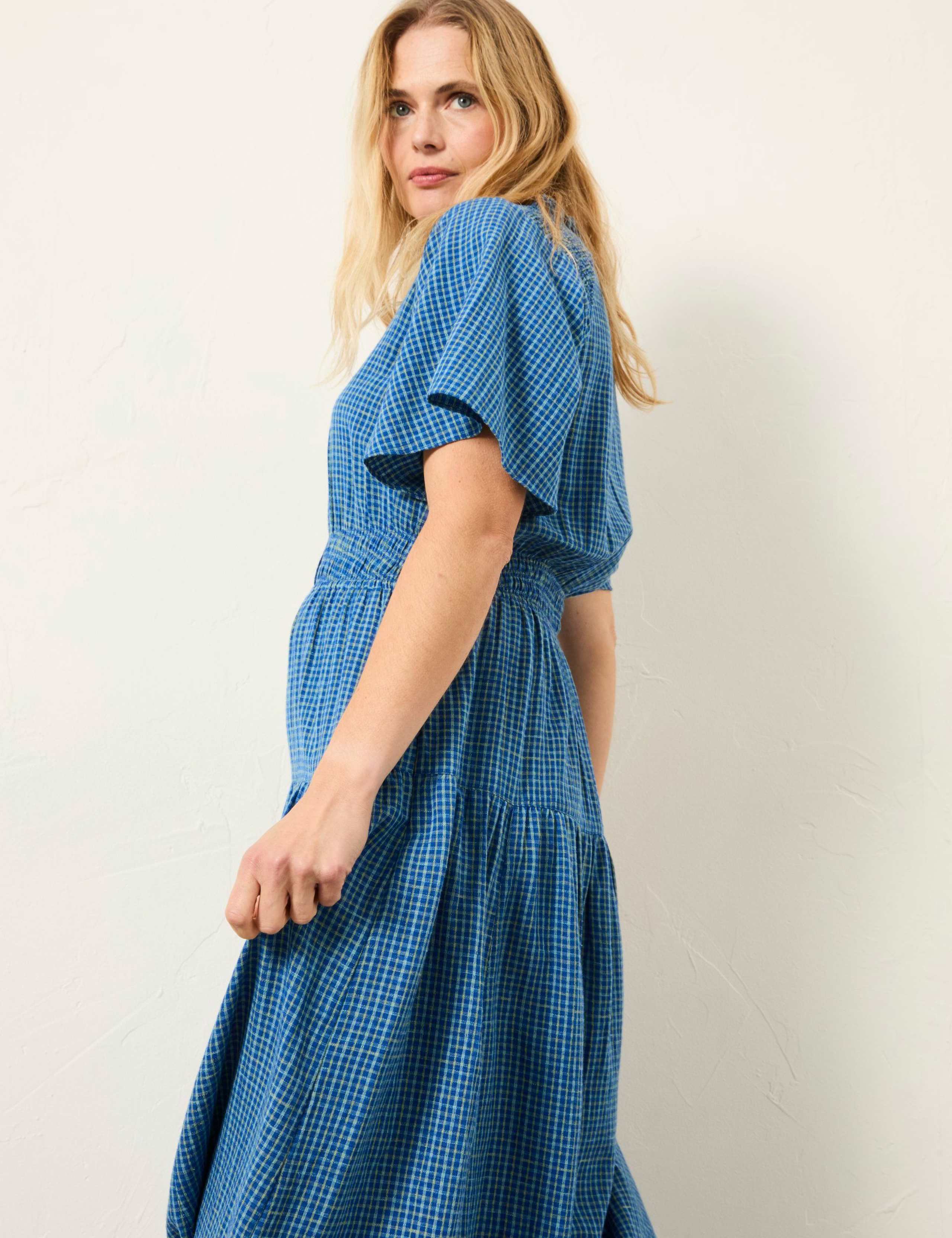 Cotton Blend Checked V-Neck Midi Tiered Dress 7 of 8