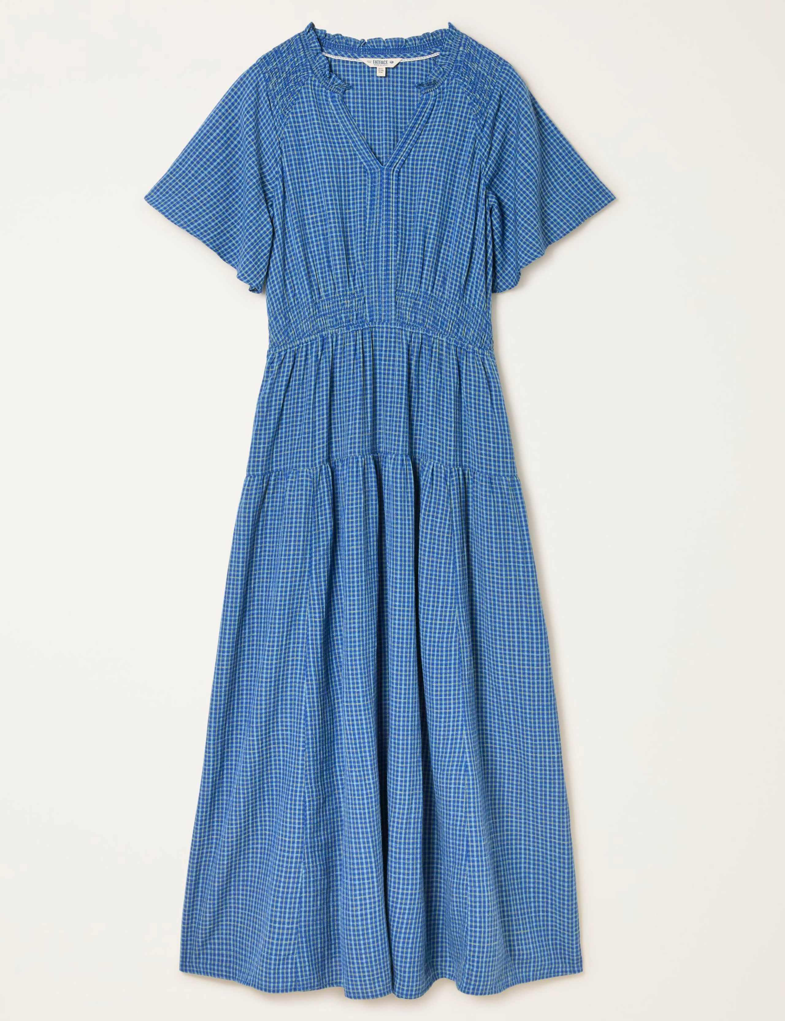 Cotton Blend Checked V-Neck Midi Tiered Dress 2 of 8
