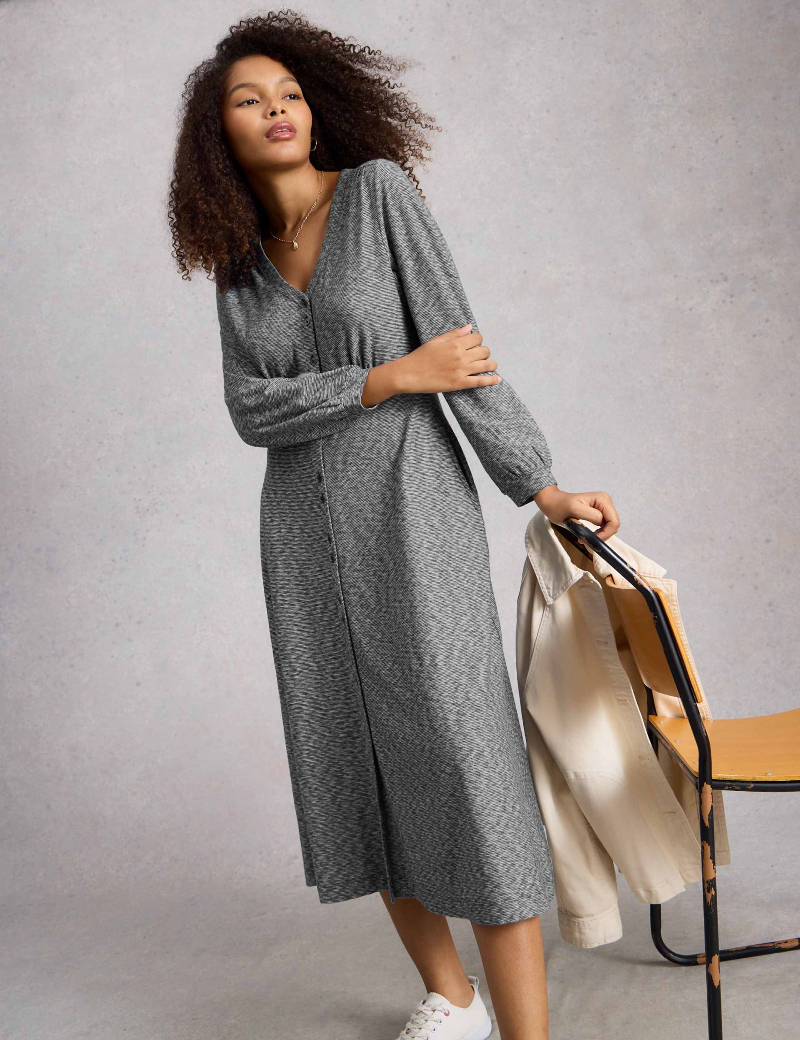 Jersey Striped V-Neck Midi Waisted Dress 6 of 6