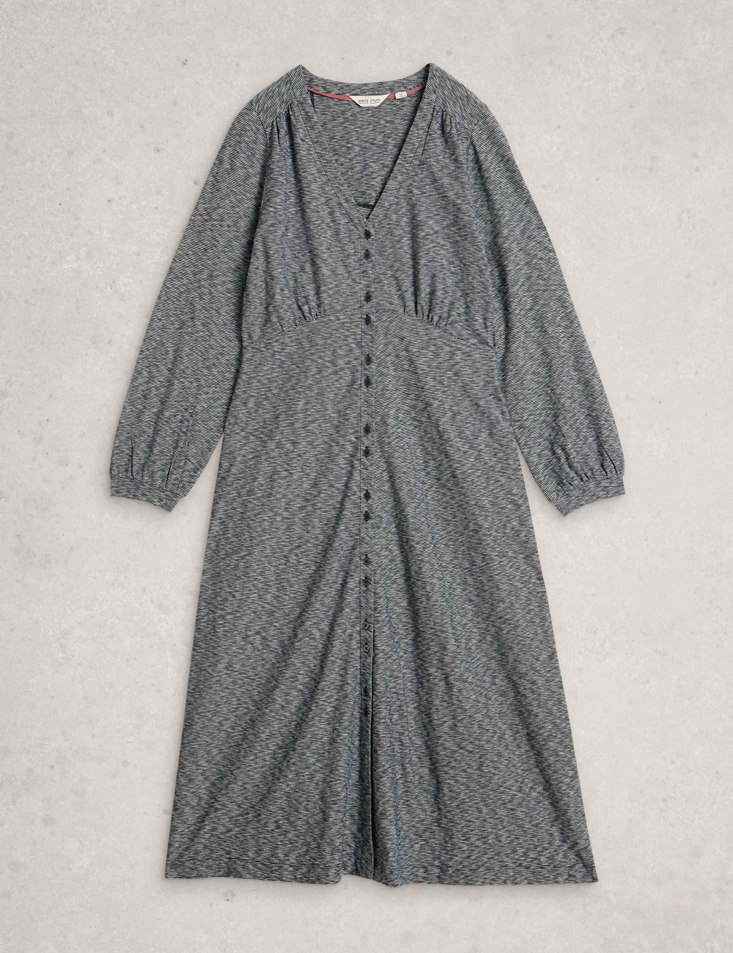 Jersey Striped V-Neck Midi Waisted Dress 2 of 6