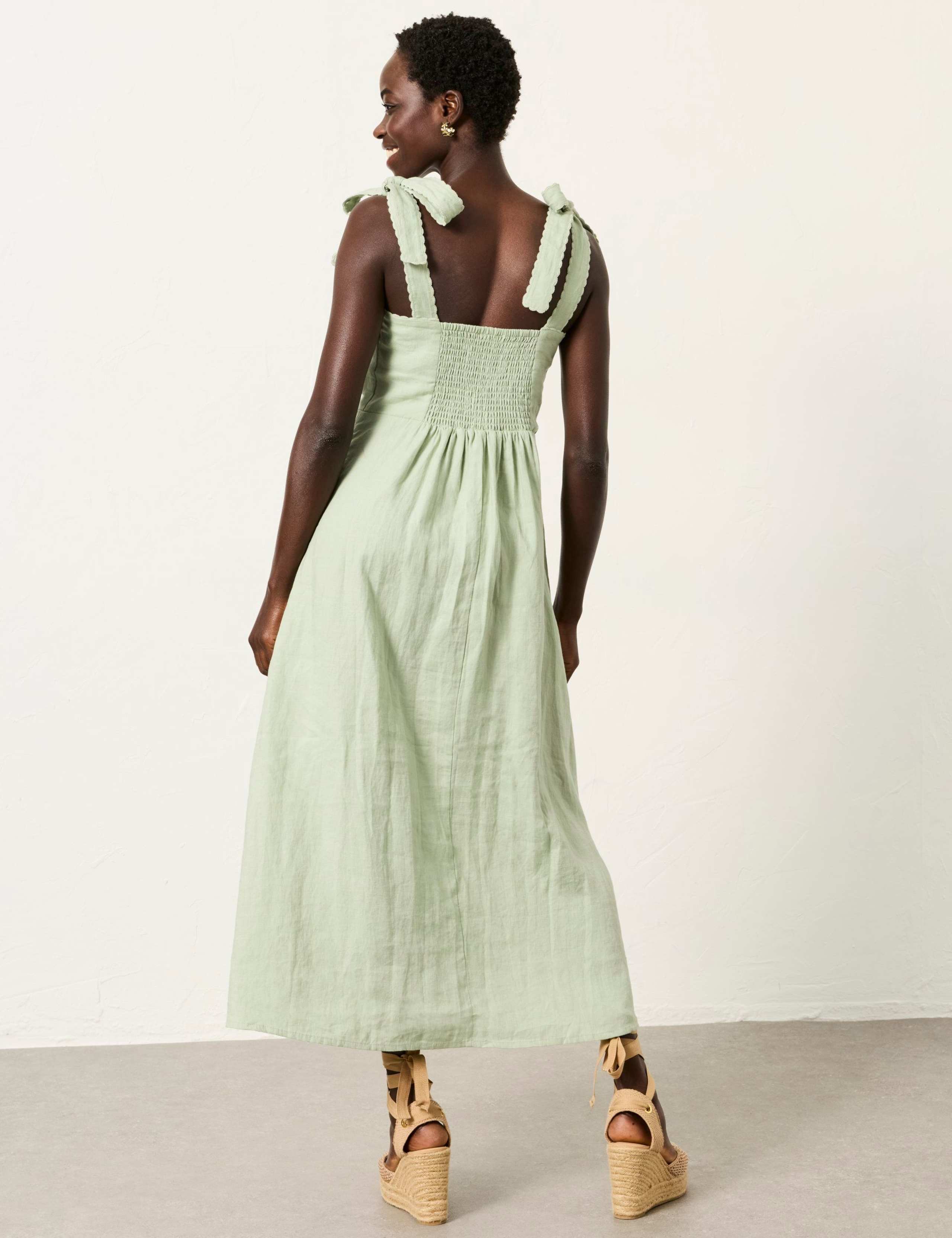 Pure Linen Square Neck Midi Waisted Dress 5 of 6