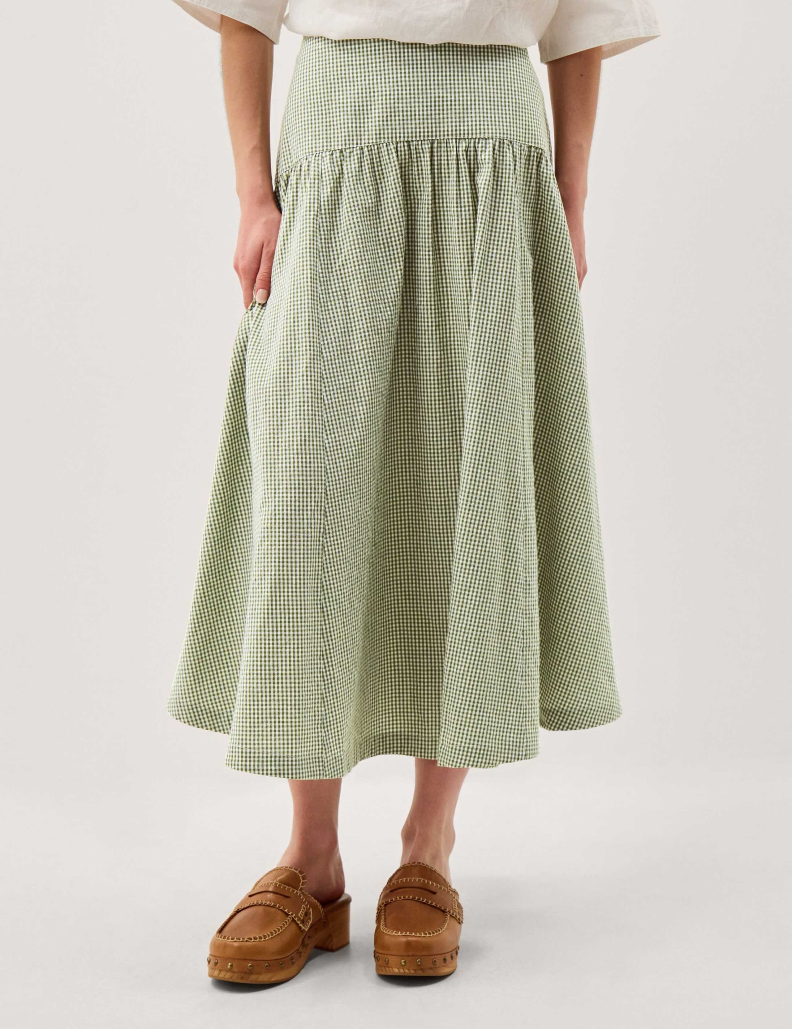 Pure Cotton Gingham Midi A-Line Skirt 1 of 4