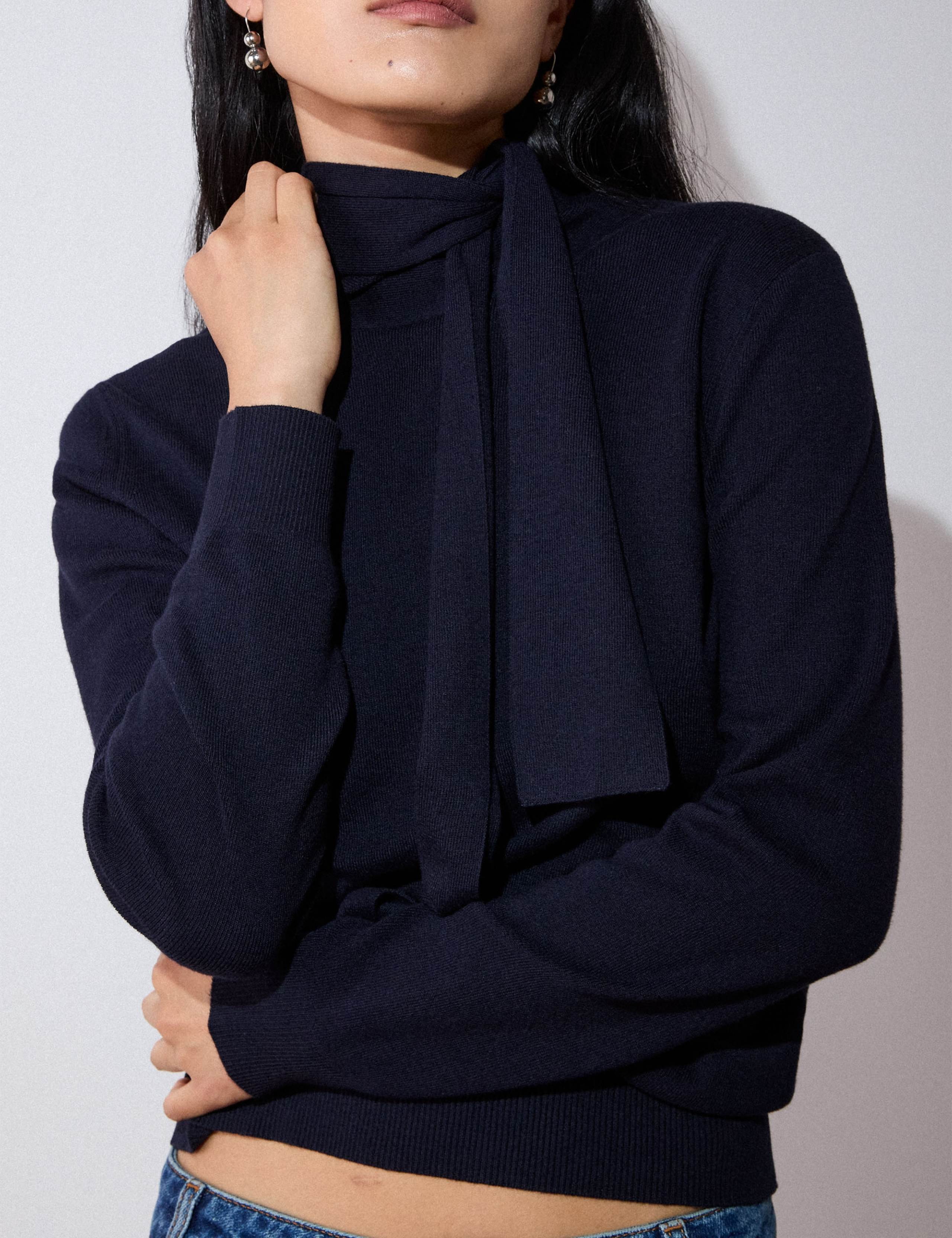 Cotton Rich Tie Neck Detail Knitted Top 1 of 6