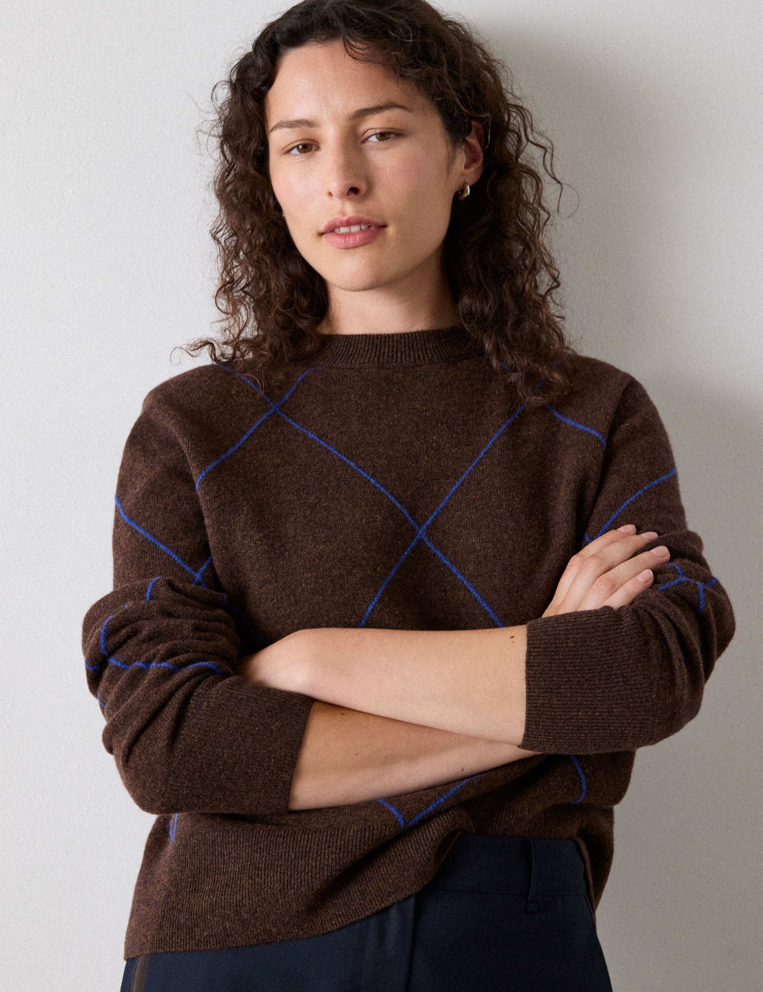 Pure Wool Contrast Diamond Knitted Top 5 of 5