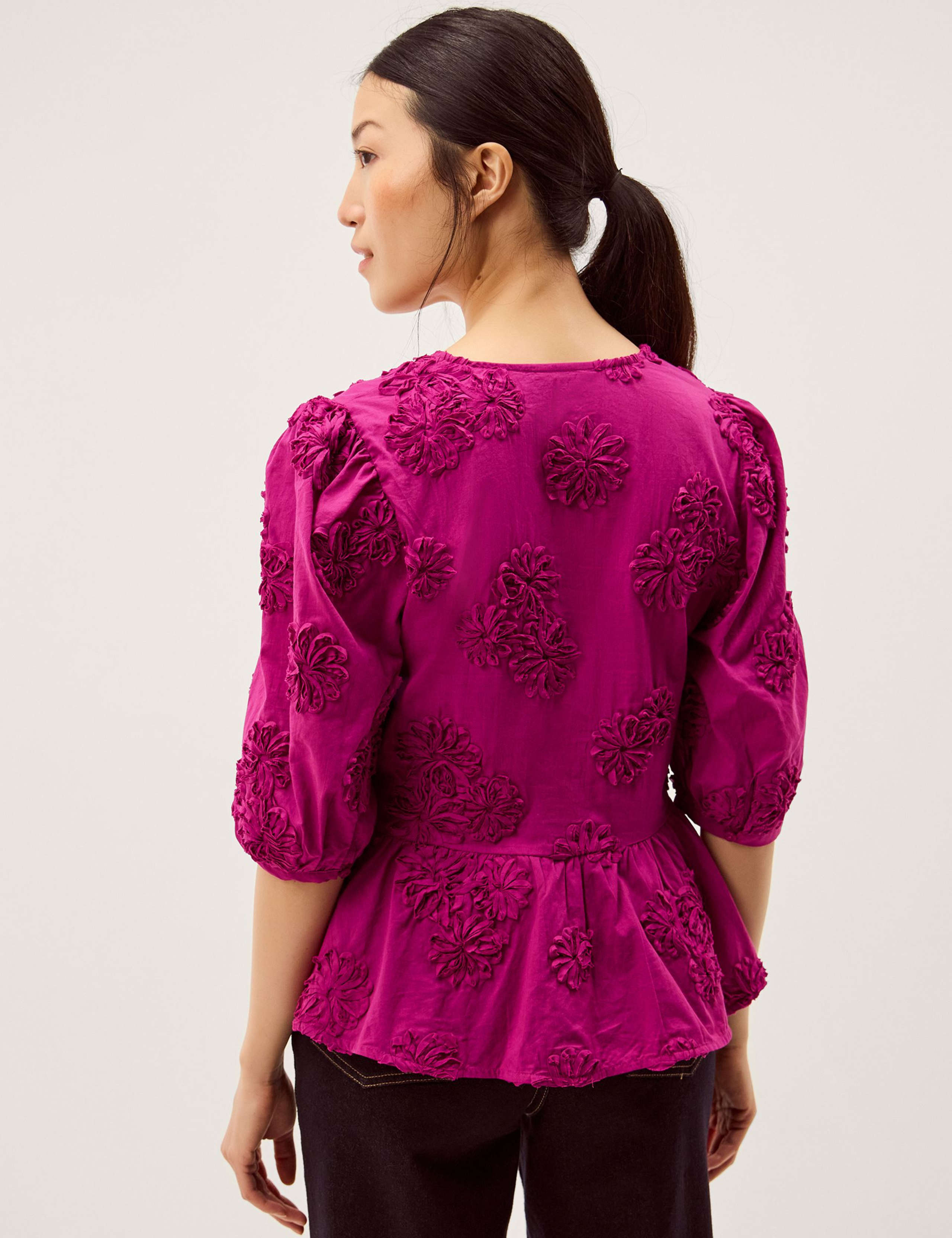 Pure Cotton Embroidered Puff Sleeve Peplum Top 3 of 5
