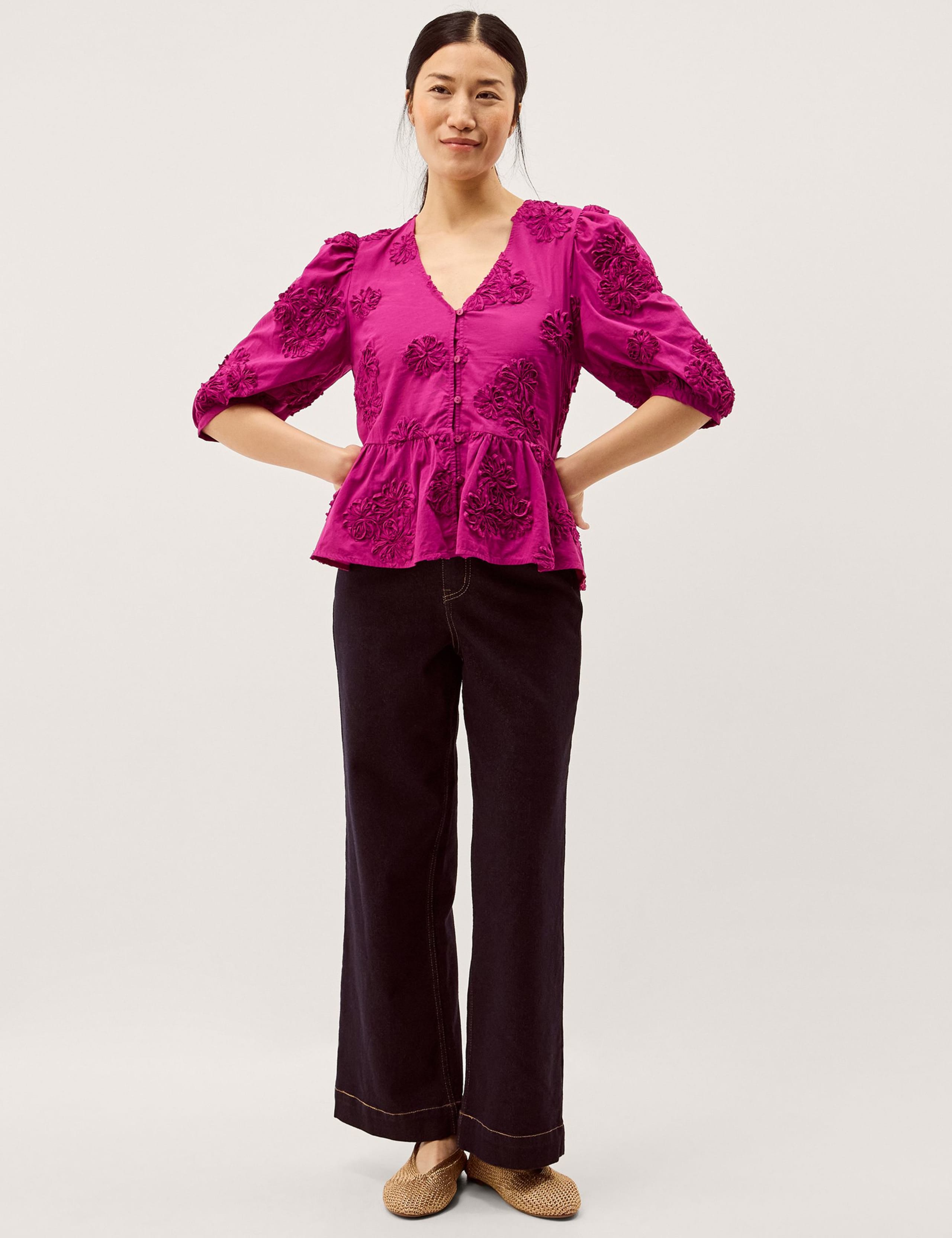 Pure Cotton Embroidered Puff Sleeve Peplum Top 5 of 5