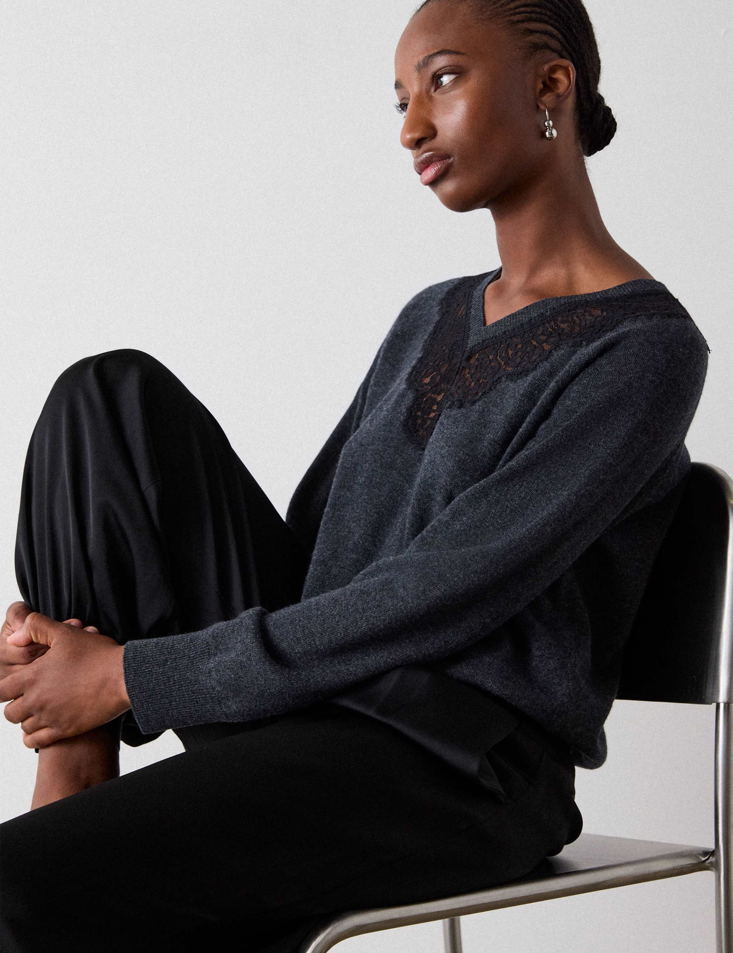 Wool Blend V-Neck Lace Trim Knitted Top 5 of 6