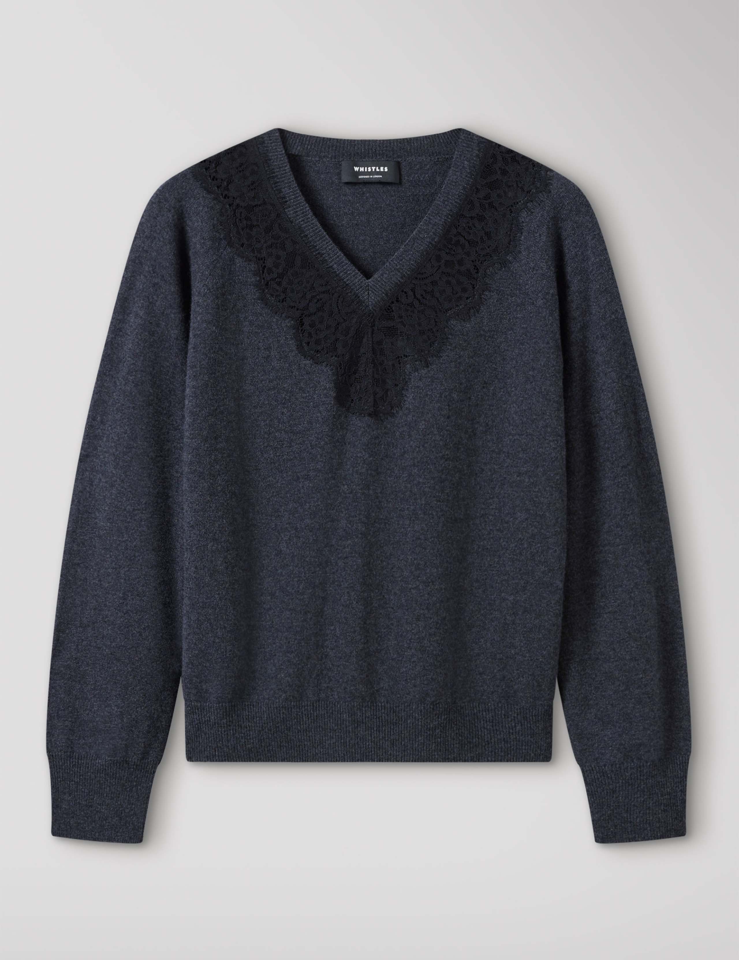 Wool Blend V-Neck Lace Trim Knitted Top 2 of 6
