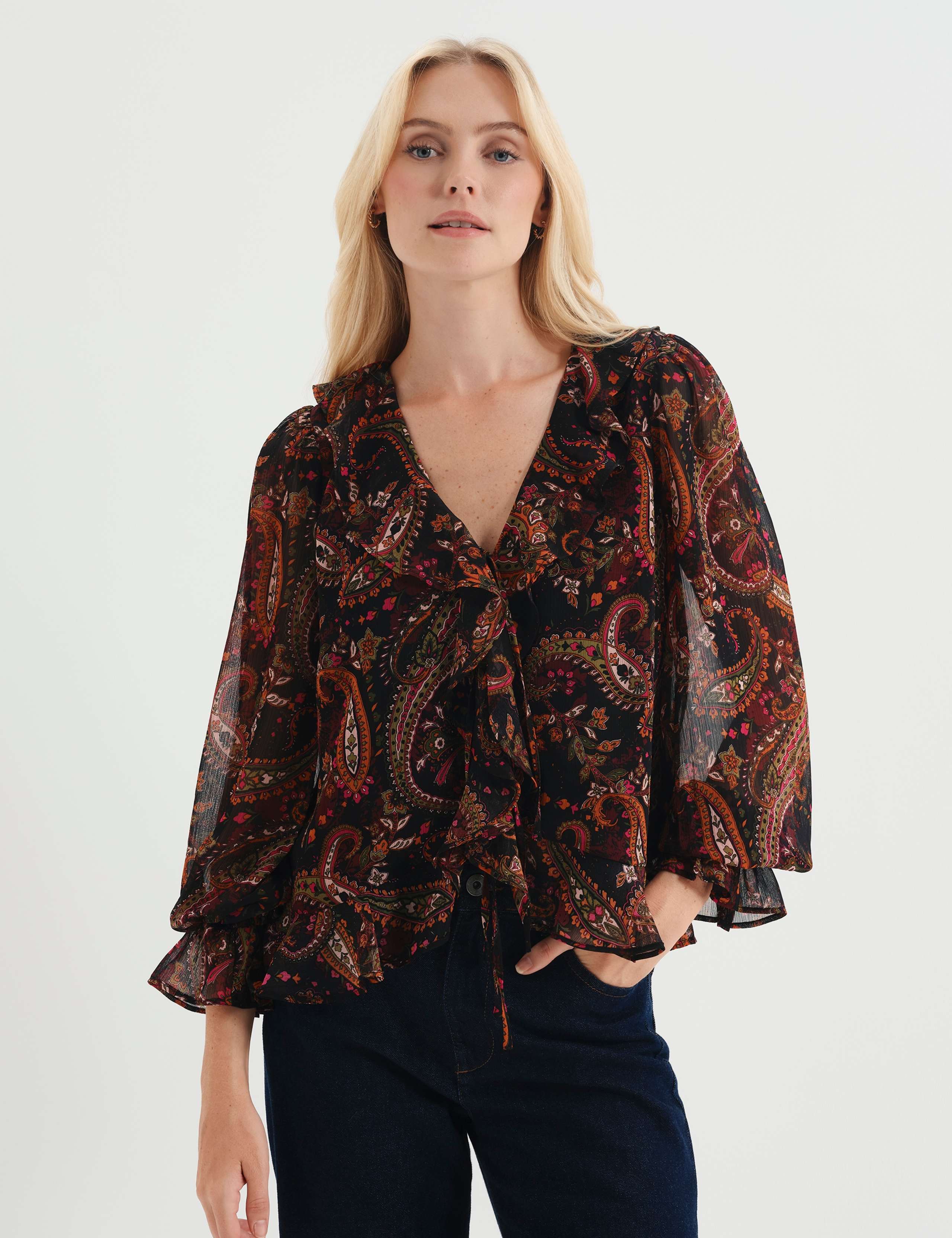 Chiffon Paisley Ruffle Front Tie Blouse 1 of 7