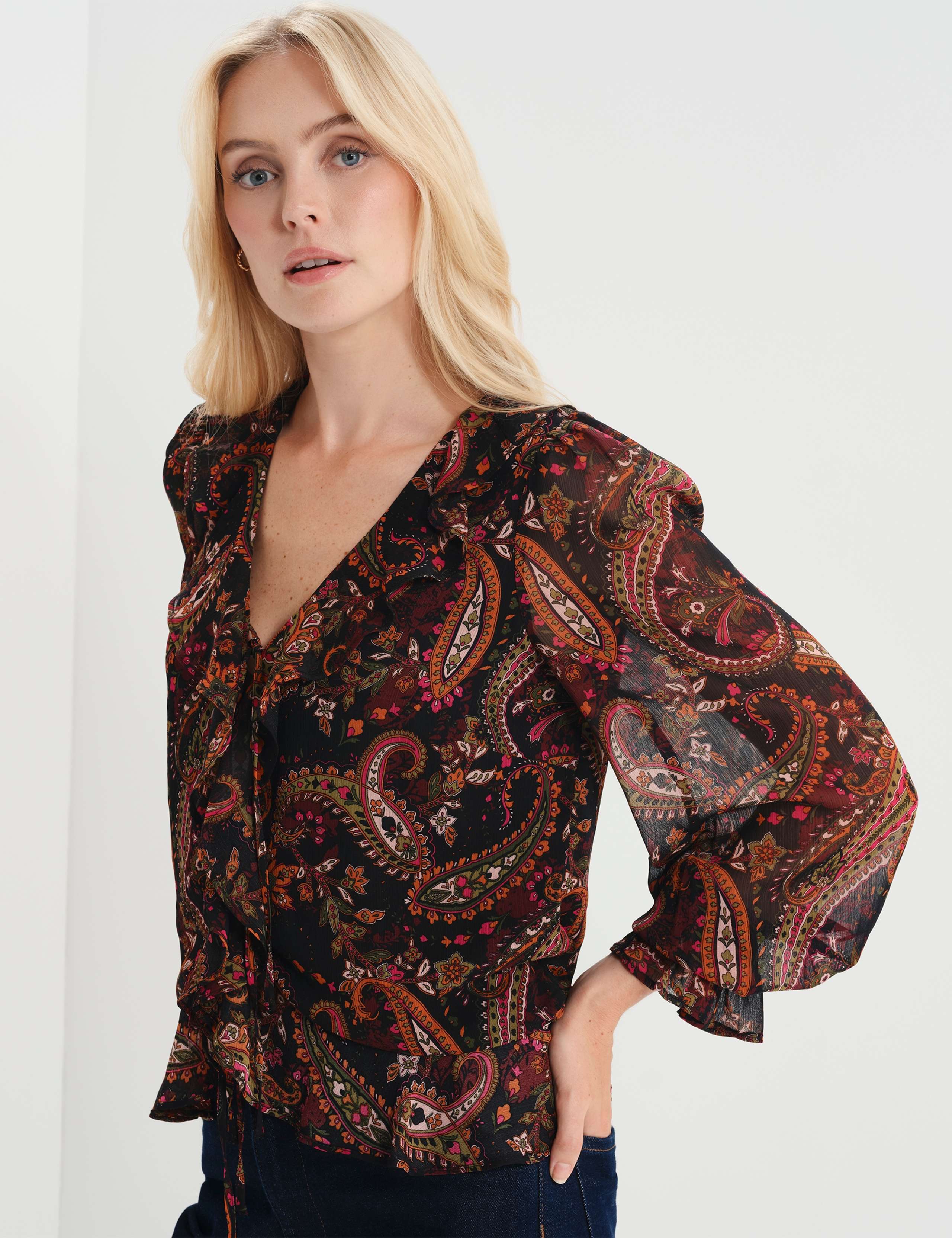 Chiffon Paisley Ruffle Front Tie Blouse 3 of 7