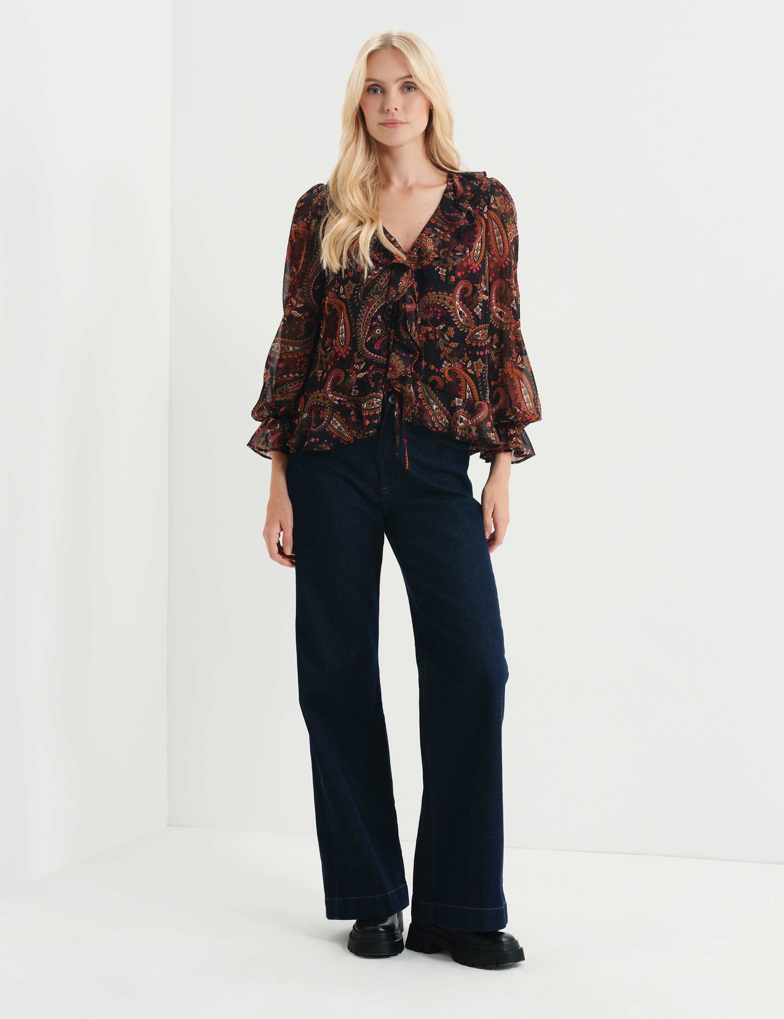 Chiffon Paisley Ruffle Front Tie Blouse 4 of 7