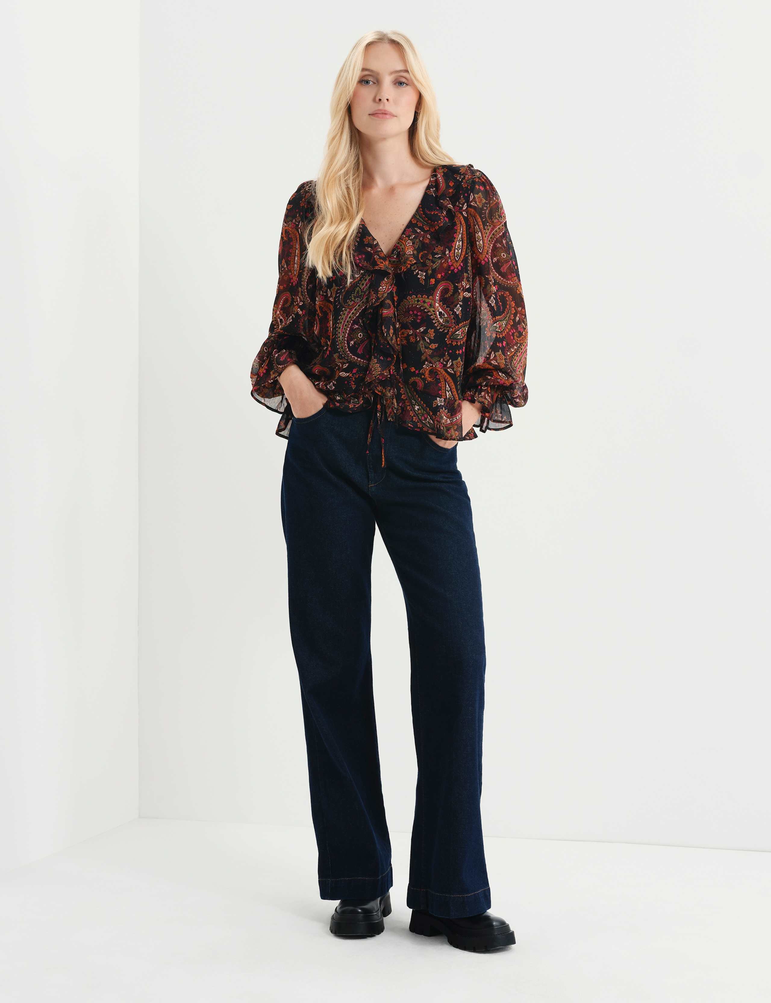 Chiffon Paisley Ruffle Front Tie Blouse 6 of 7