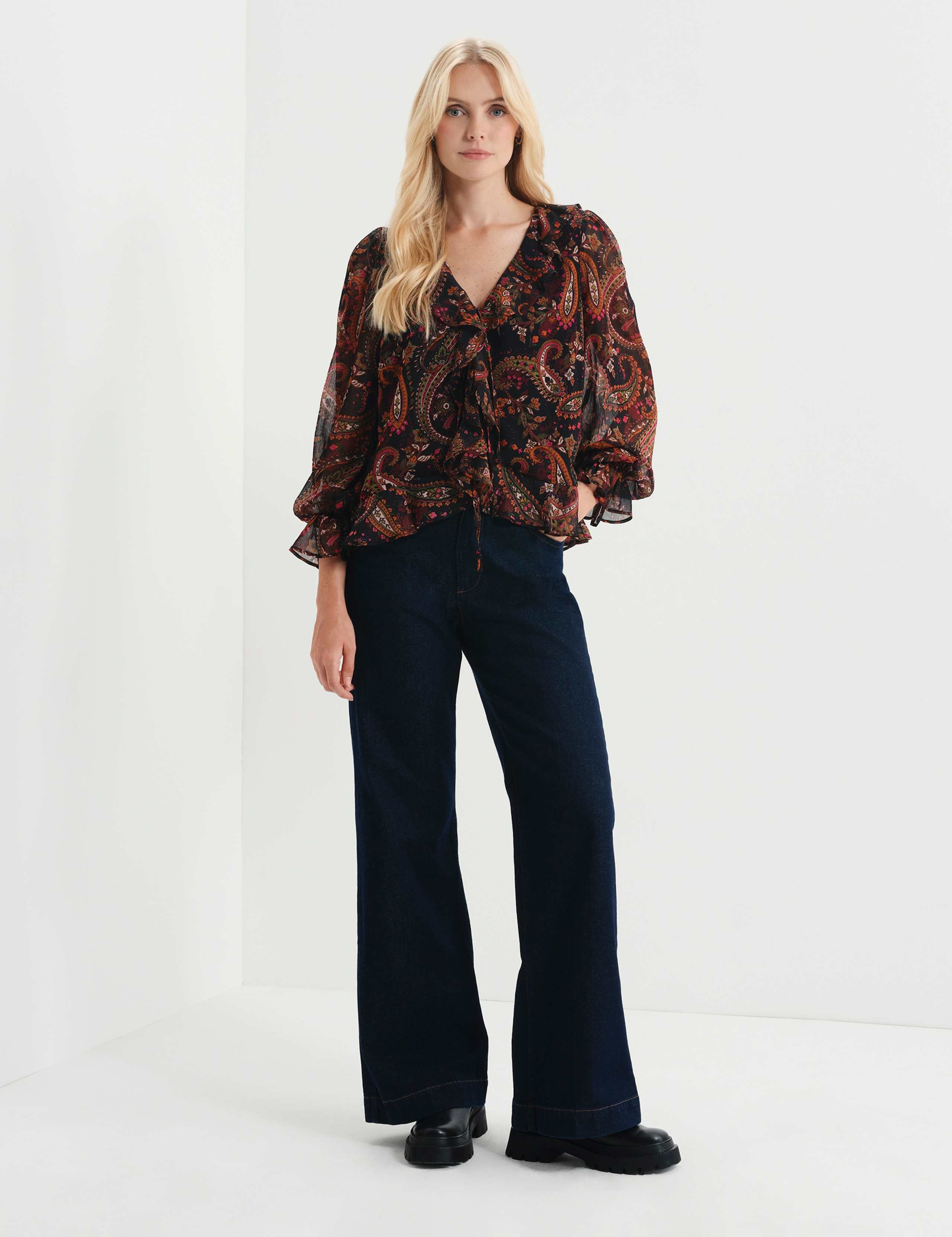 Chiffon Paisley Ruffle Front Tie Blouse 7 of 7