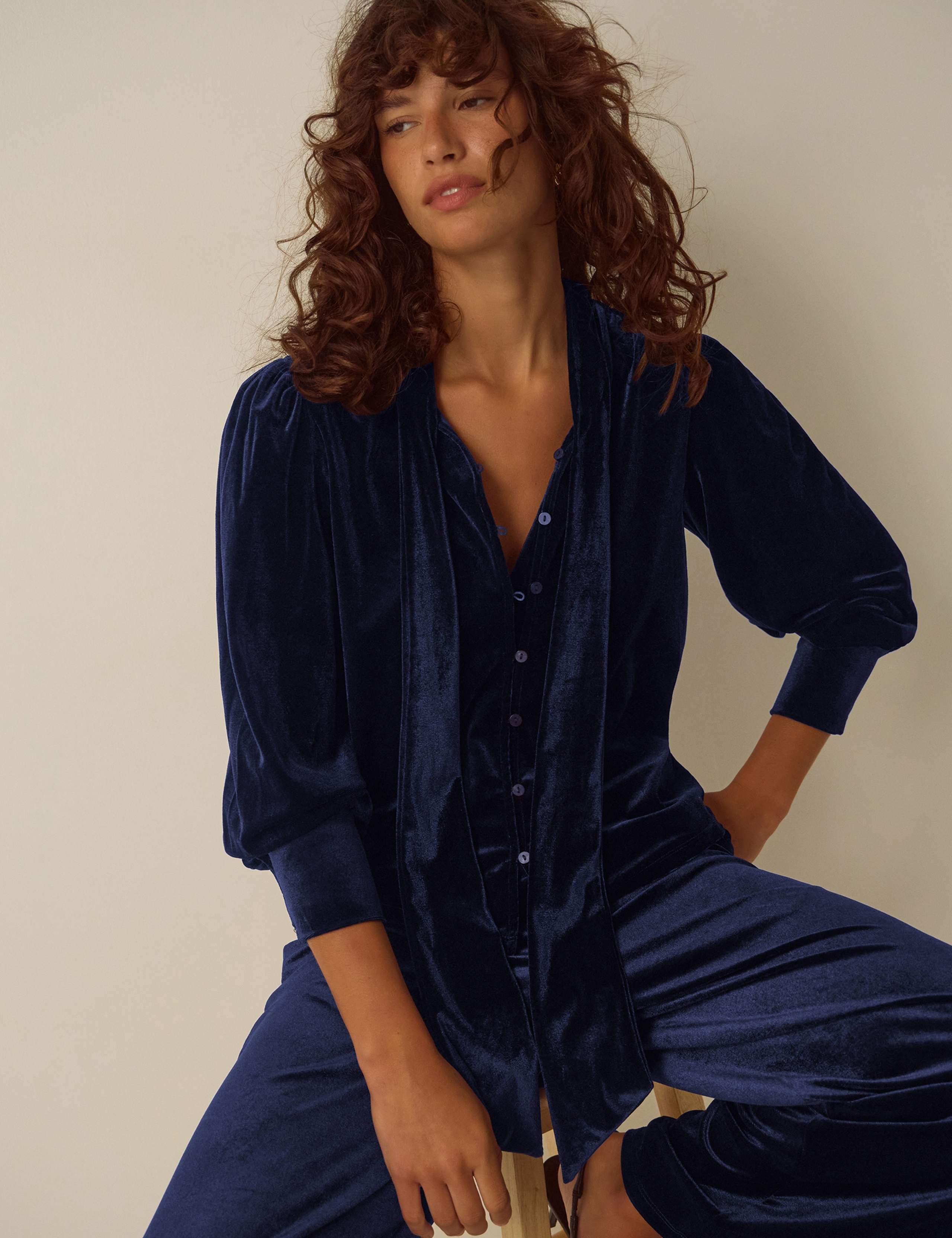 Velvet Tie Detail Collared Shirt 1 of 5