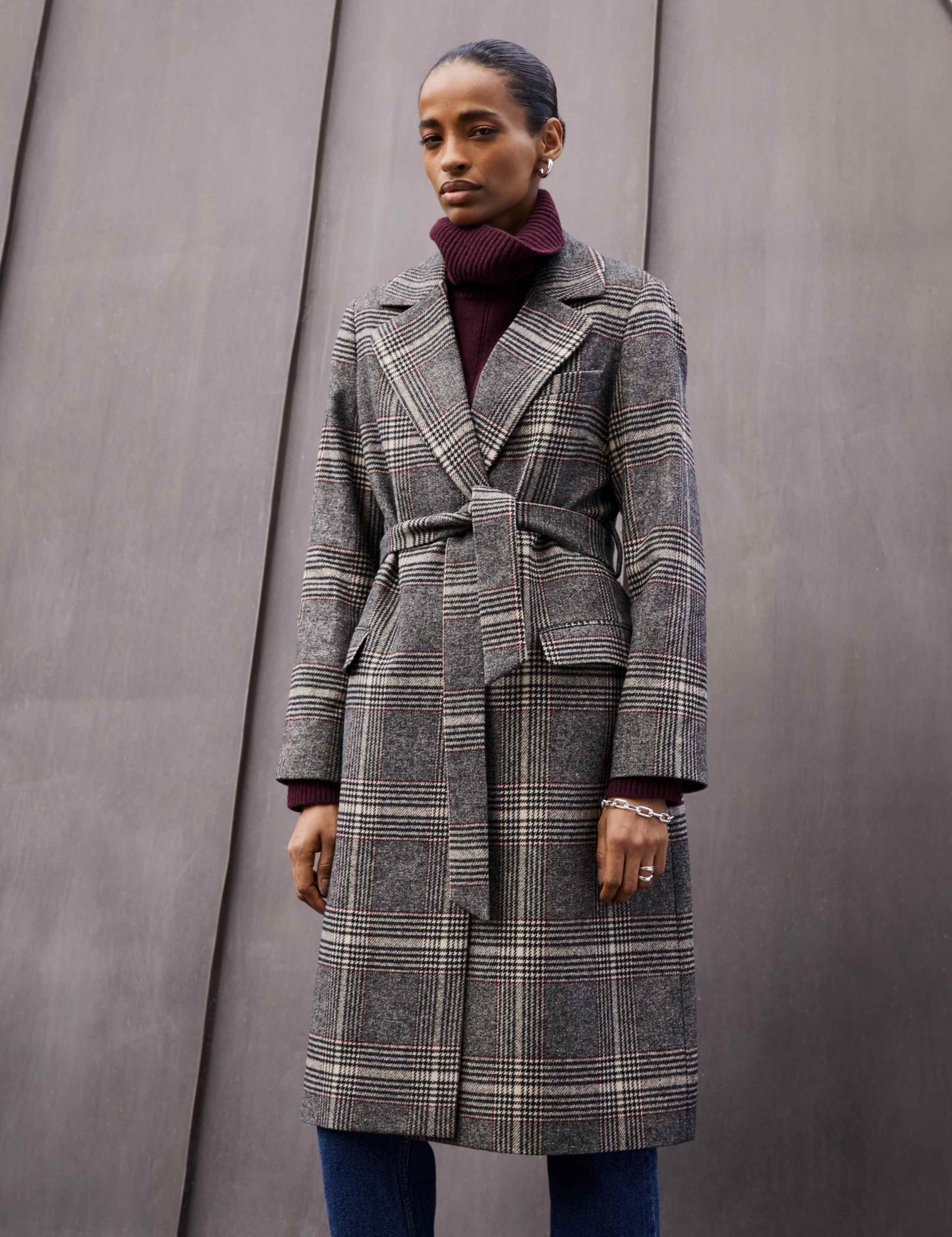 Checked Longline Trench Style Coat with Wool 1 of 6