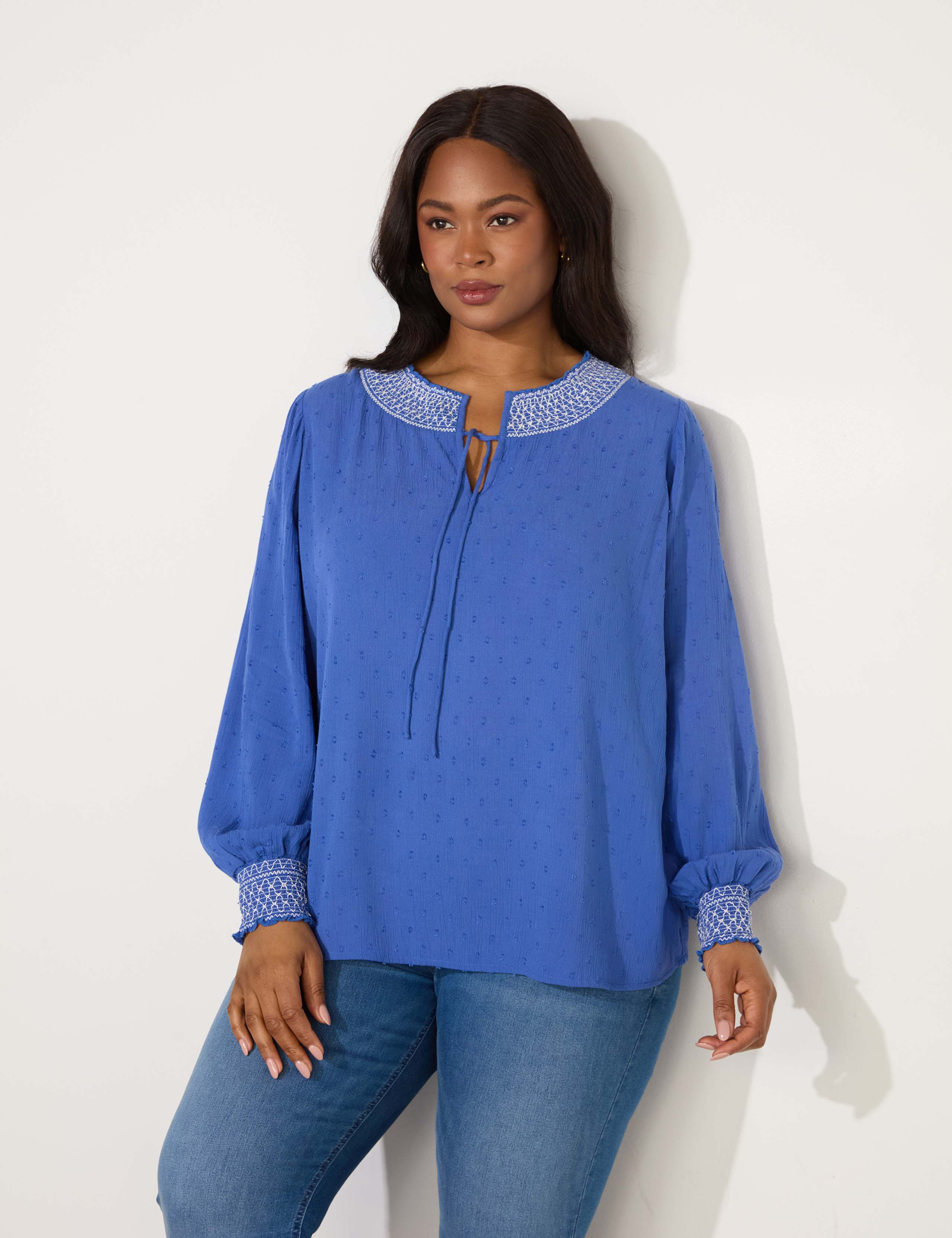 Embroidered Collared Tie Front Shirred Blouse 2 of 3