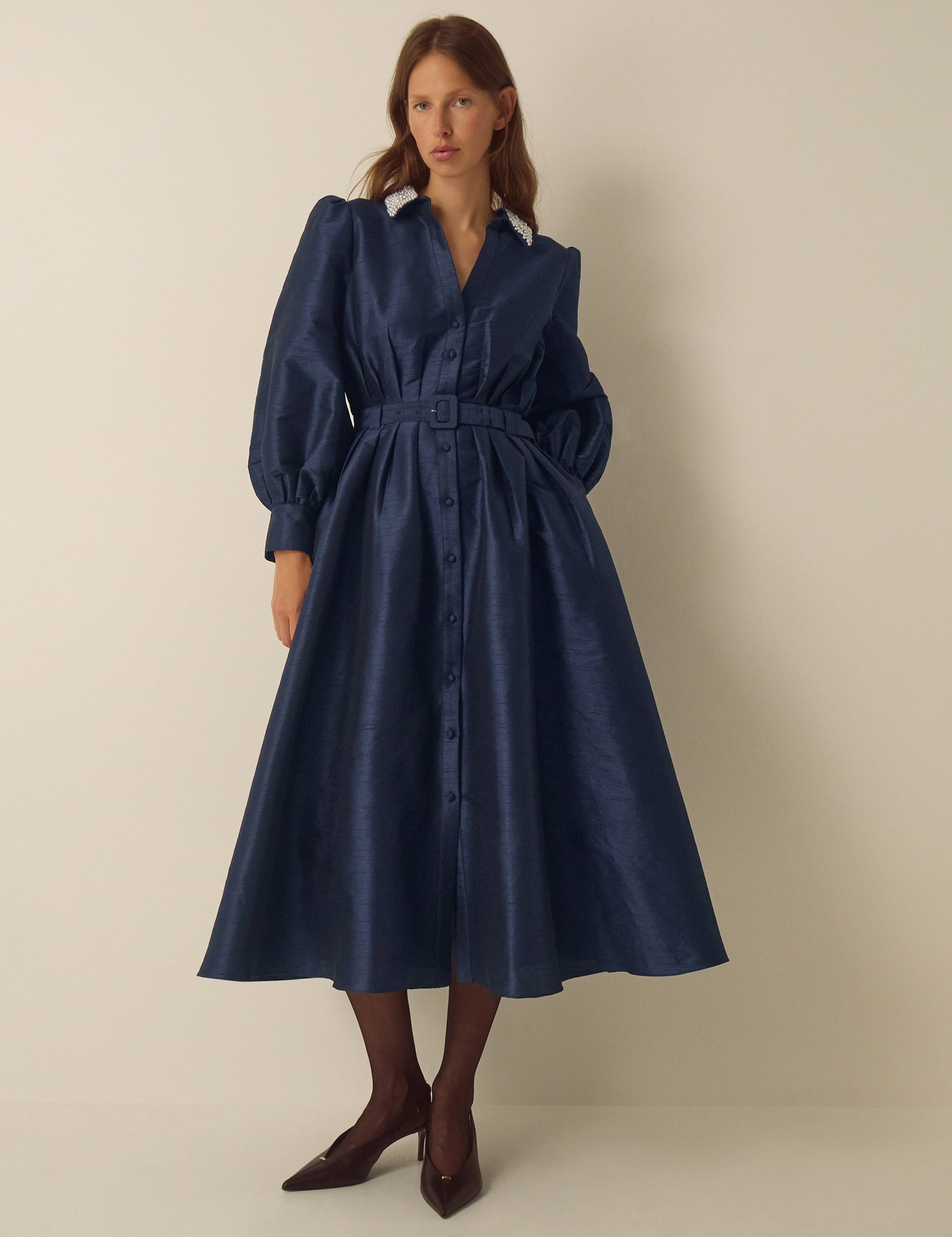 Embellished Collared Midi Shirt Dress 1 of 4