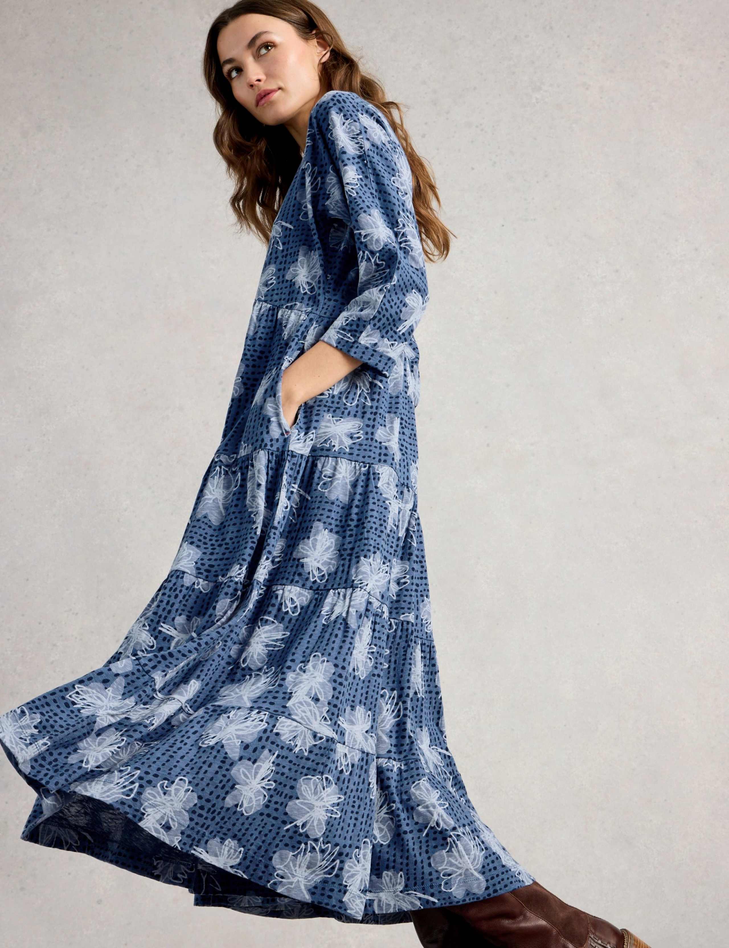 Pure Cotton Floral Notch Neck Midi Tiered Dress 3 of 6